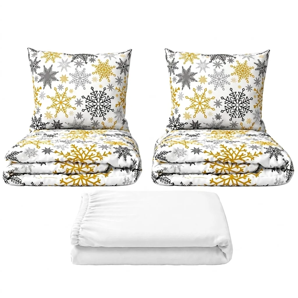 Povlečeme vše Set dvoulůžko Vločky zlaté - 2x povlečení, prostěradlo 180x200 cm (042) bílá