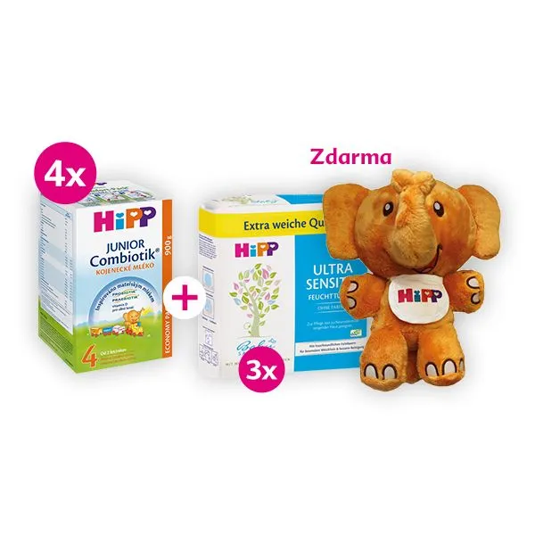 Hipp 4 BIO Combiotik 4x900 g + ubrousky ultra sensitive 3x4x52 ks + plyšový HiPPofant