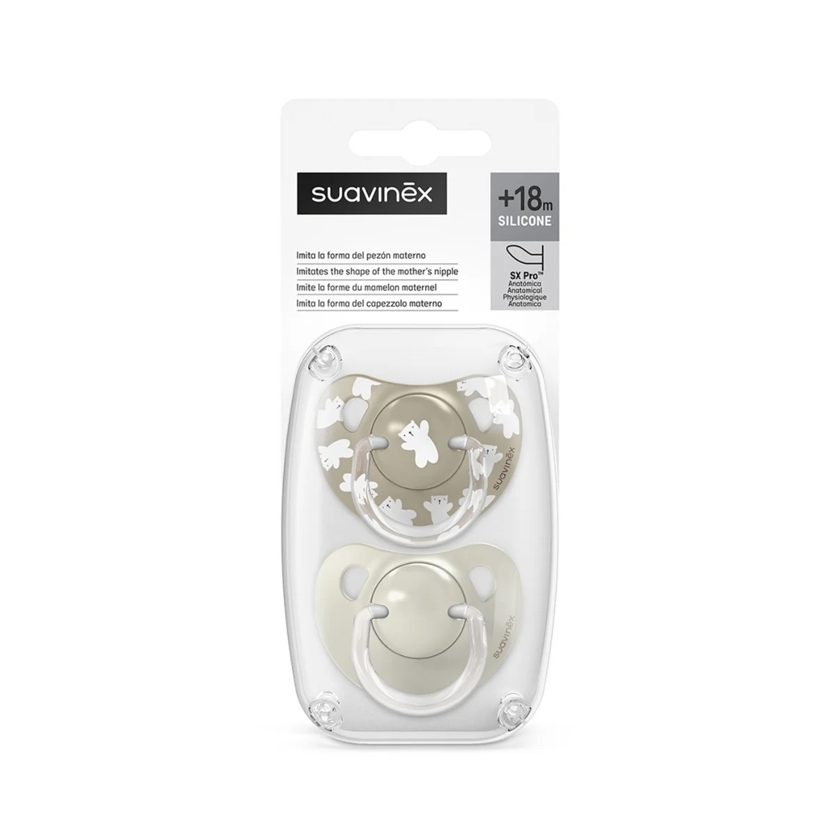 Suavinex Dudlík anatomický silikonový WILD 18m+ 2 ks krémový