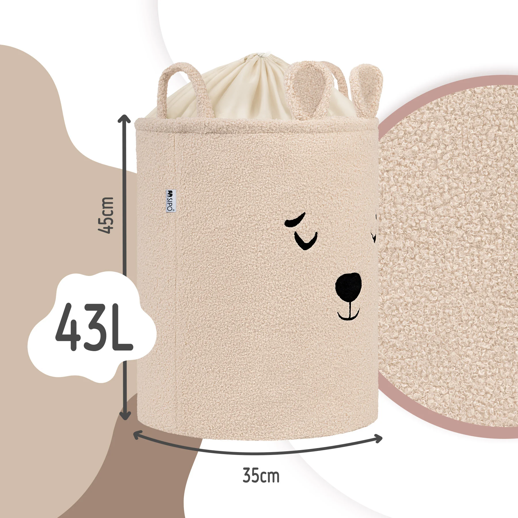 SIPO Koš na hračky Premium Bouclé se šňůrkou / 43 l, Bear (Beige)
