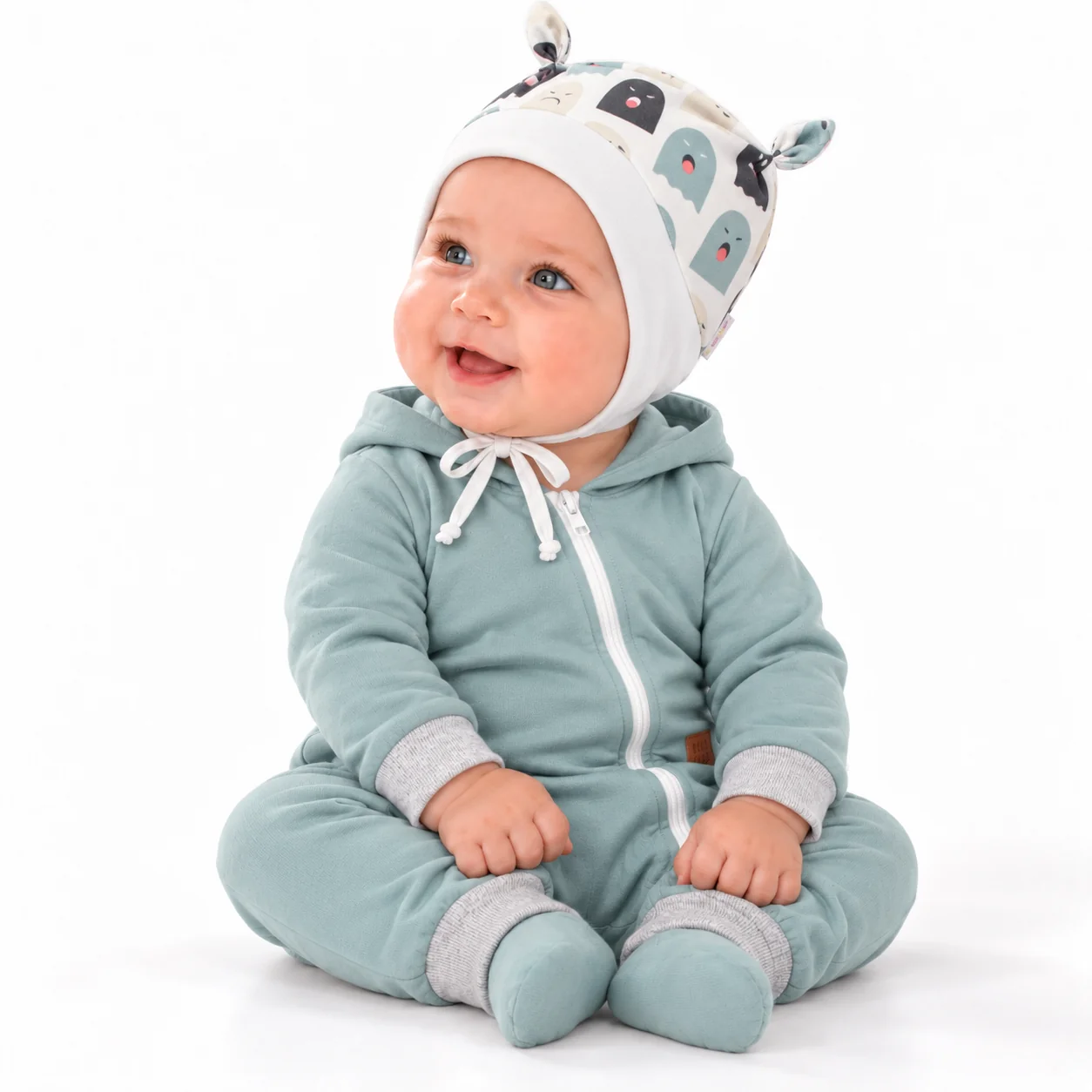 Baby Nellys Kojenecká čepička uzlíček na zavazování - Příšerky, bílá/mátová