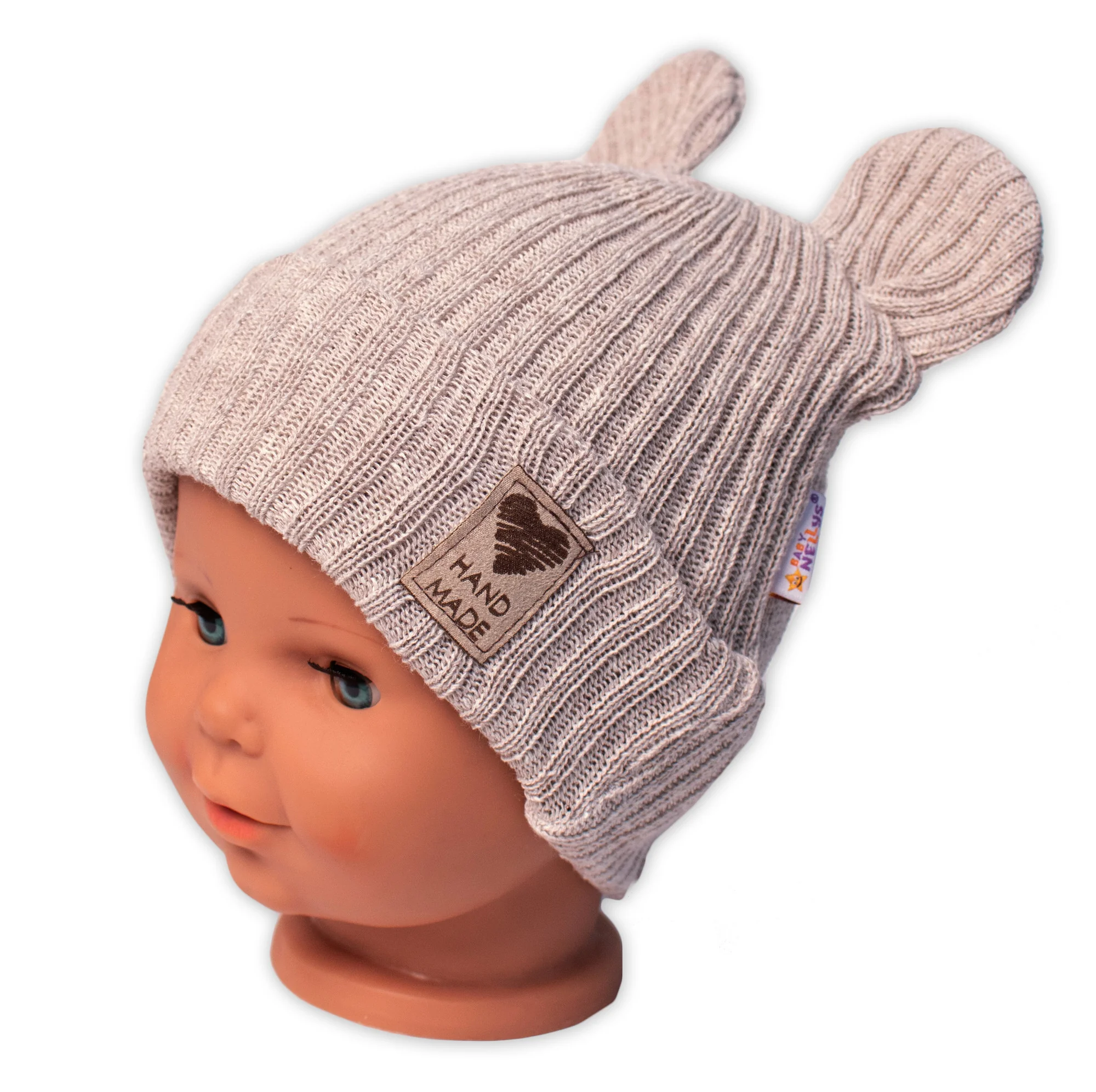 Baby Nellys Pletená bavlněná čepice s oušky, dvouvrstvá, Hand Made béžová