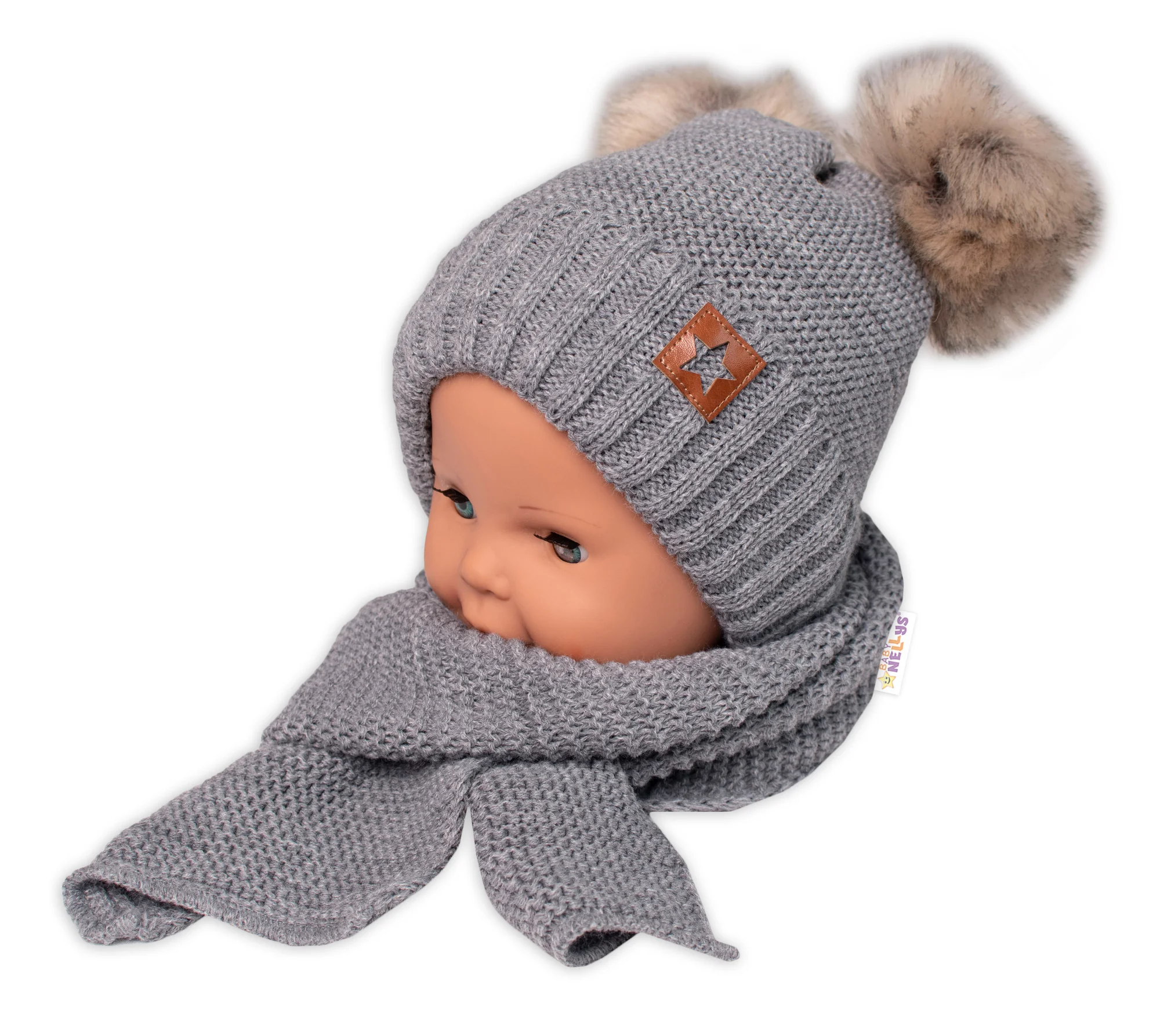 Baby Nellys 2D, Zimní čepice s šálou, Star, šedá, 6/24 měsíců
