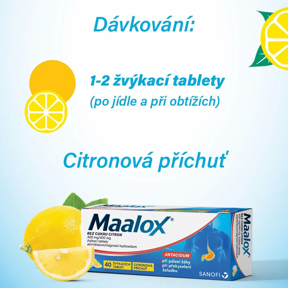 Maalox BEZ CUKRU CITRON 40 žvýkacích tablet