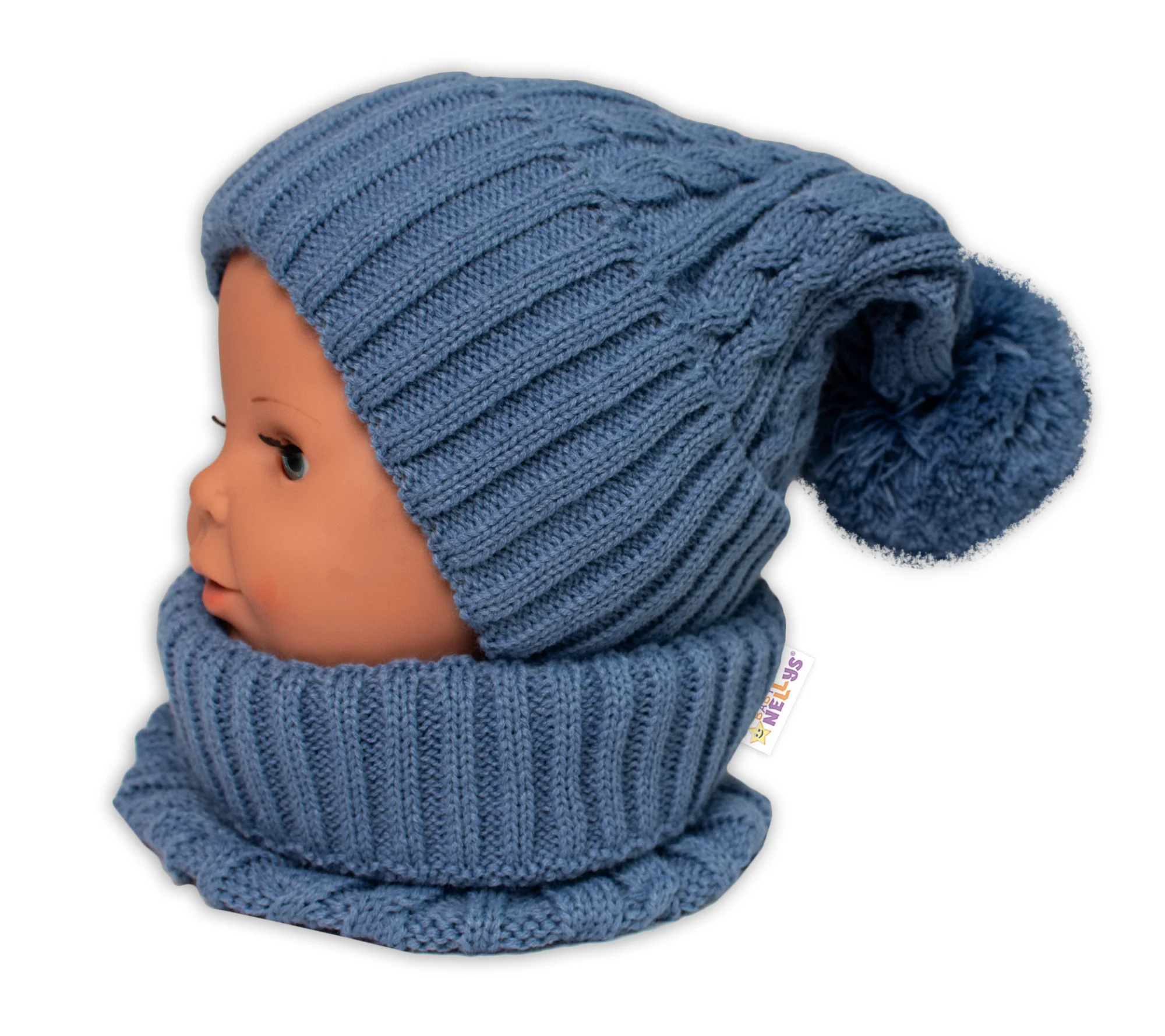 Baby Nellys 2D sada - Zimní čepice s bambulí, komín - jeans, vel. 48-52cm