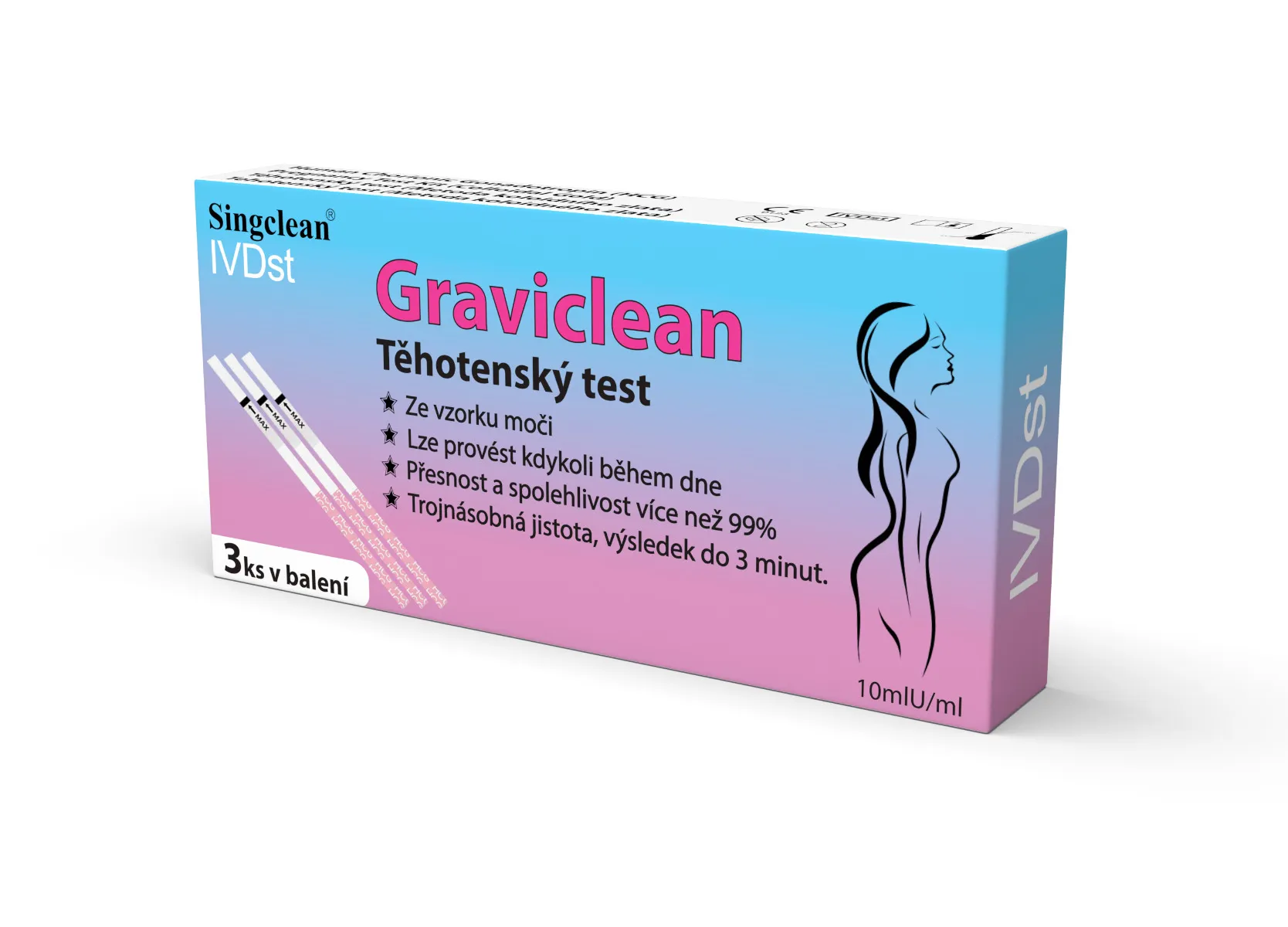 Singclean Graviclean HCG 10mlU/ml těhotenský test 3 ks