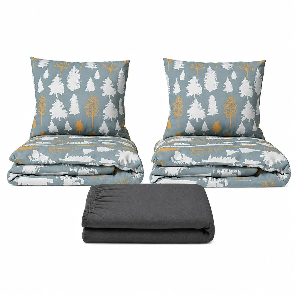 Povlečeme vše Set dvoulůžko Stromky šedé - 2x povlečení, prostěradlo 180x200 cm (016) tm.šedá