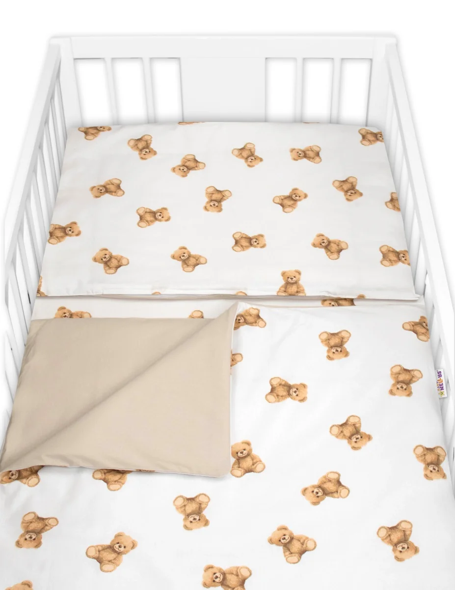 Baby Nellys Mantinel s povlečením do postýlky, 3D sada Bavlna, Míša - bílá s potiskem