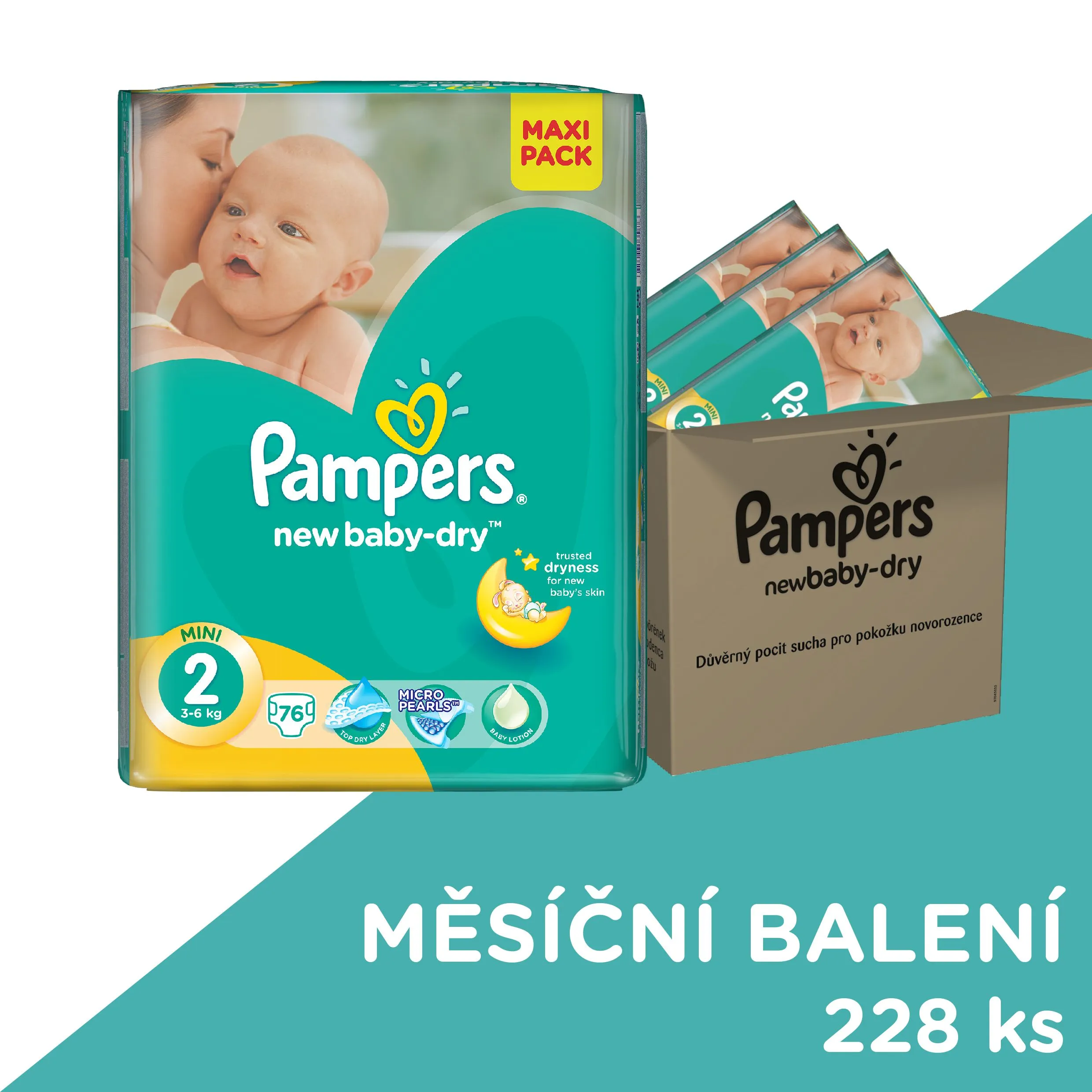 Pampers New Baby-Dry dětské pleny velikost 2 Mini, 228ks měsíční balení