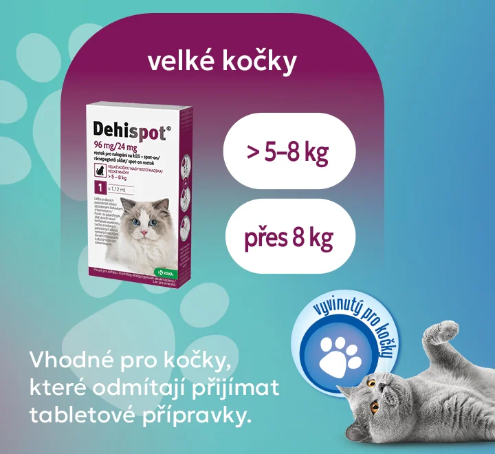 Dehispot spot-on. Vhodné pro kočky, které odmítají přijímat tabletové přípravky. Dehispot spot-on. Vhodné pro kočky, které odmítají přijímat tabletové přípravky.