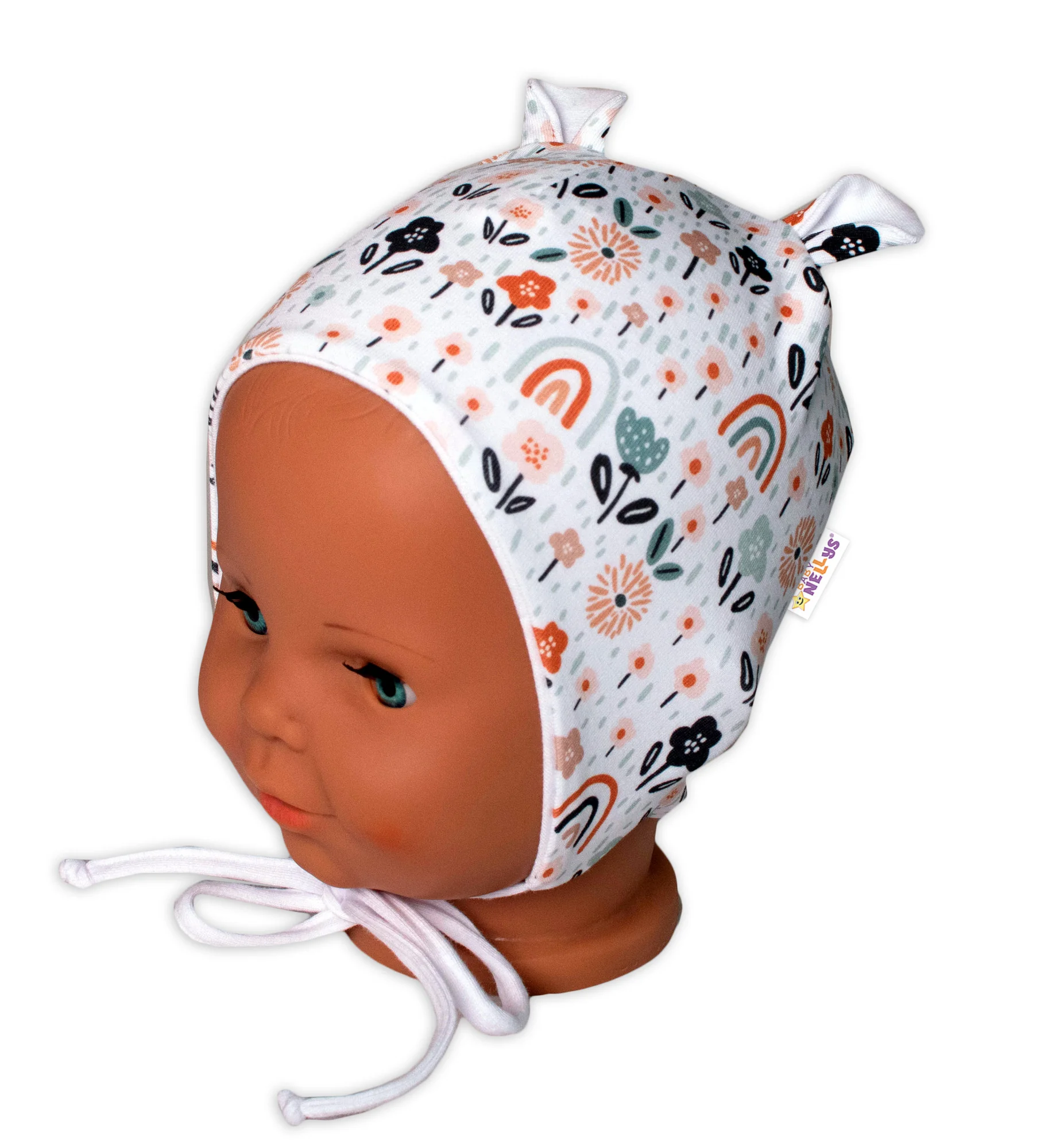 Baby Nellys Kojenecká čepička s oušky na zavazování - Palouček, bílá vel. 68/74