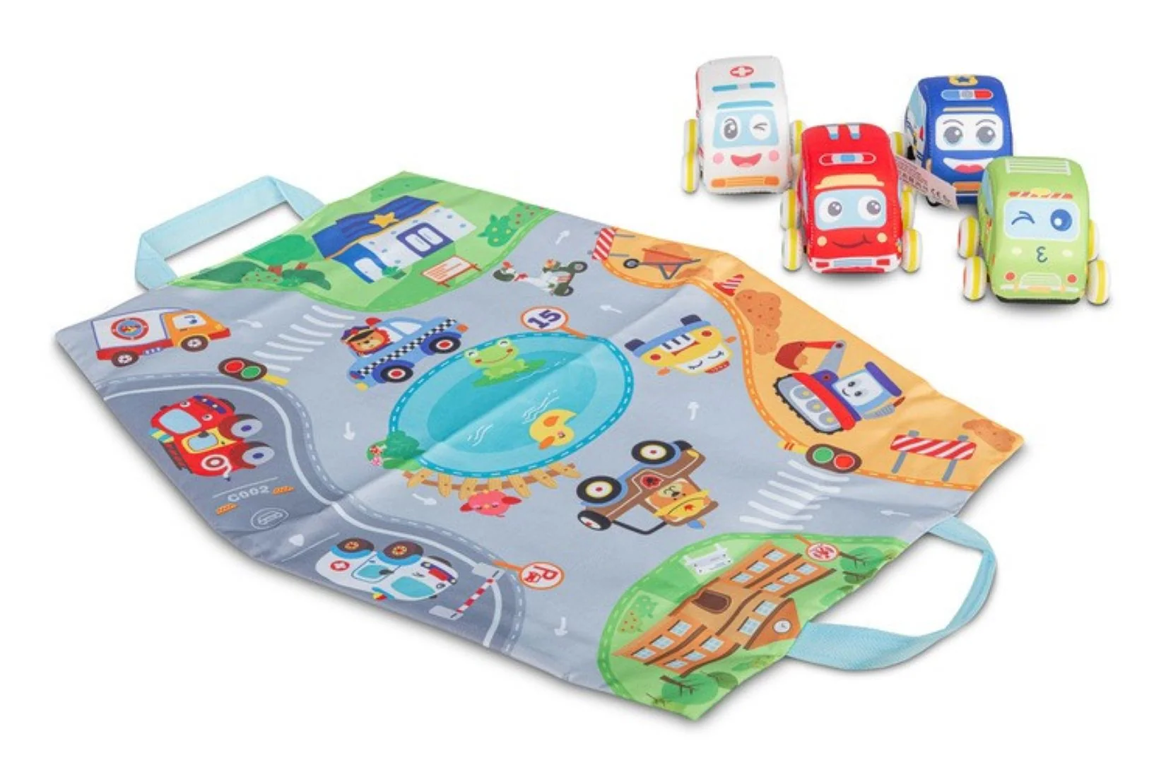 Toyz Plyšová autíčka se silniční podložkou – sada 4 ks, pullback