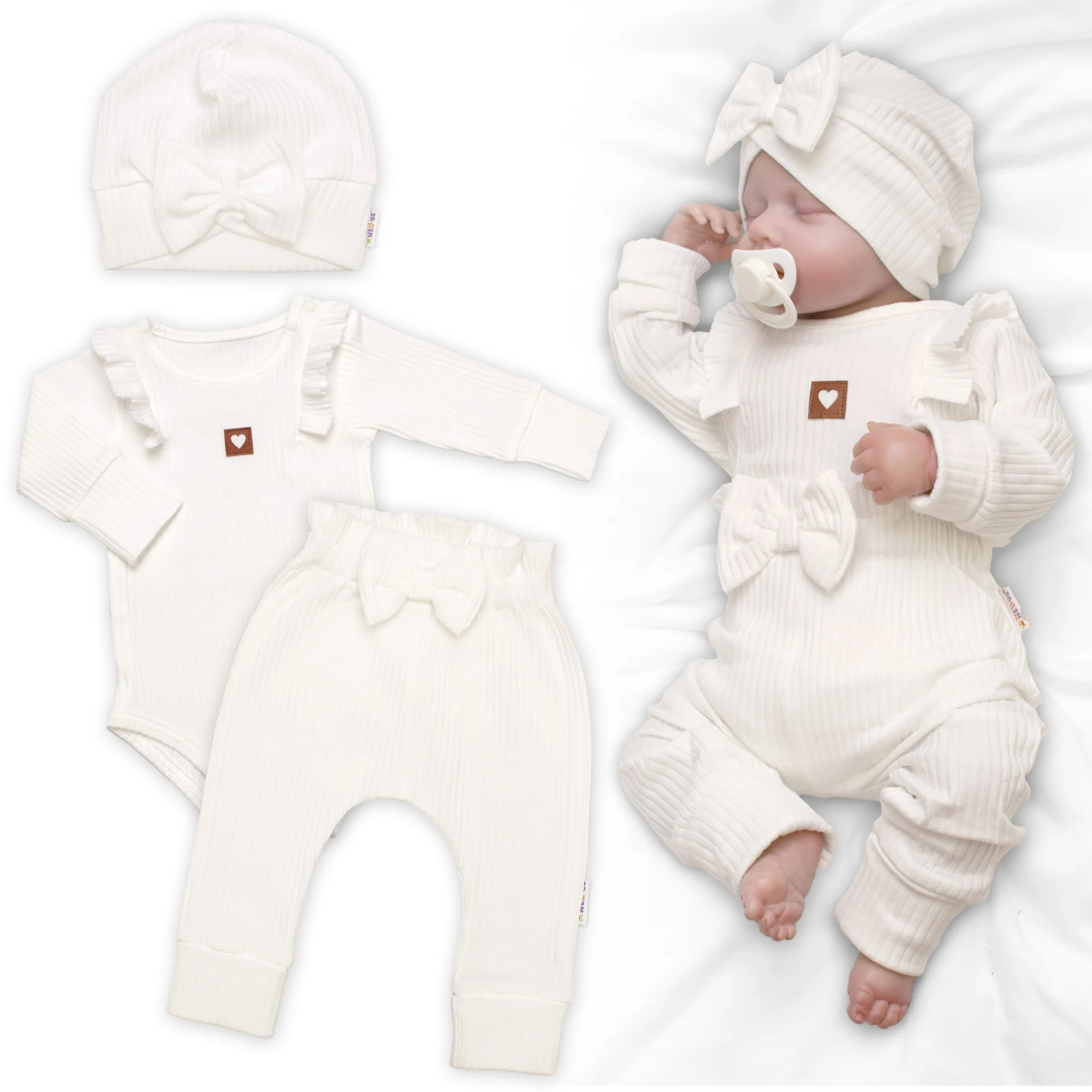 Baby Nellys Žebrovaná rostoucí souprava 3D, Baby Girl - smetanová