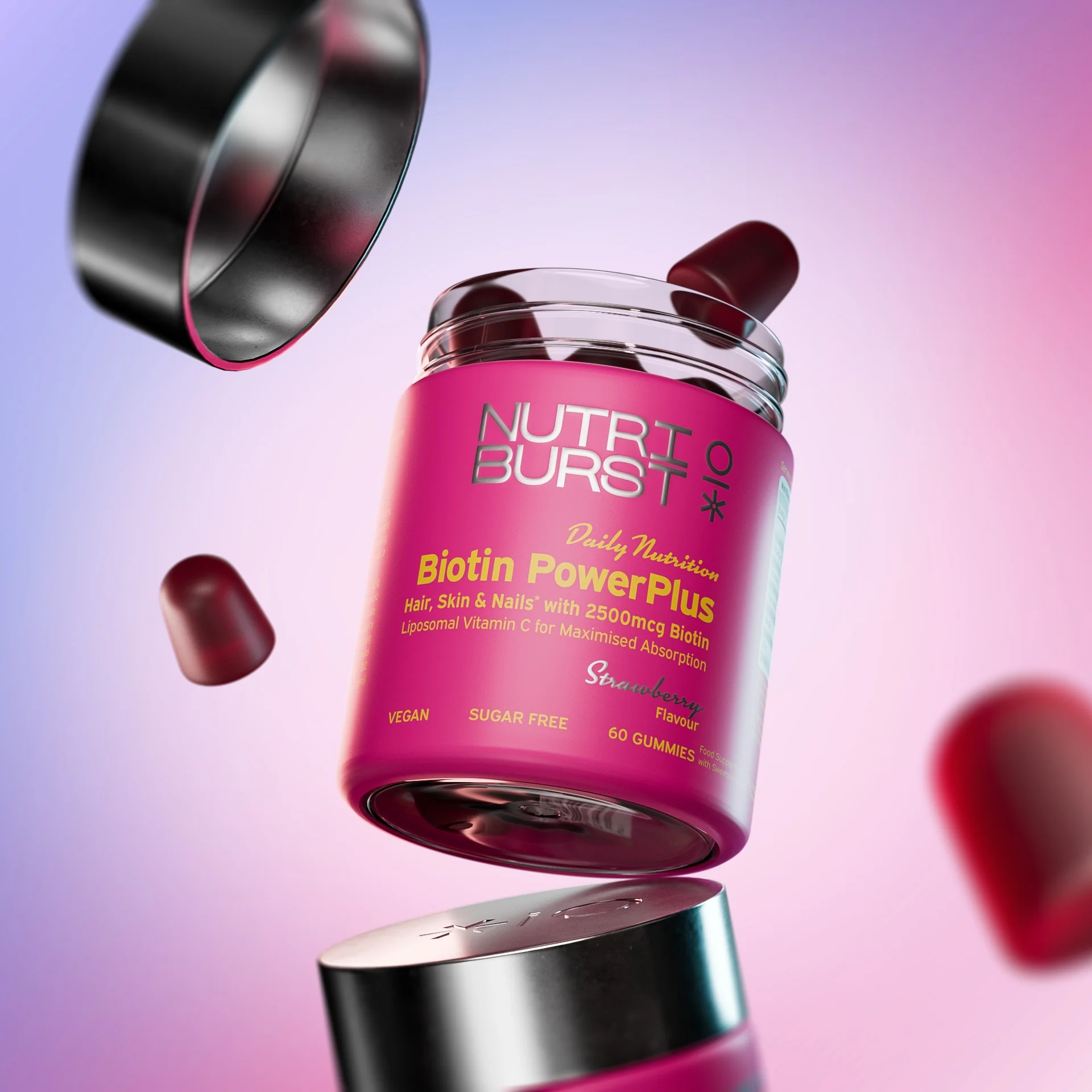 Nutriburst Biotin PowerPlus gummies pro vlasy, pleť a nehty 60 ks jahoda