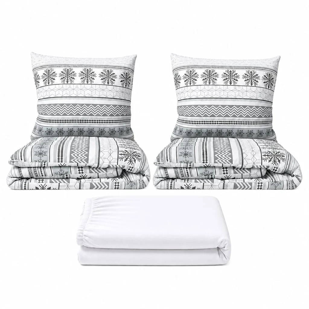 Povlečeme vše Set dvoulůžko Šedá zima - 2x povlečení, prostěradlo 180x200 cm (001) bílá