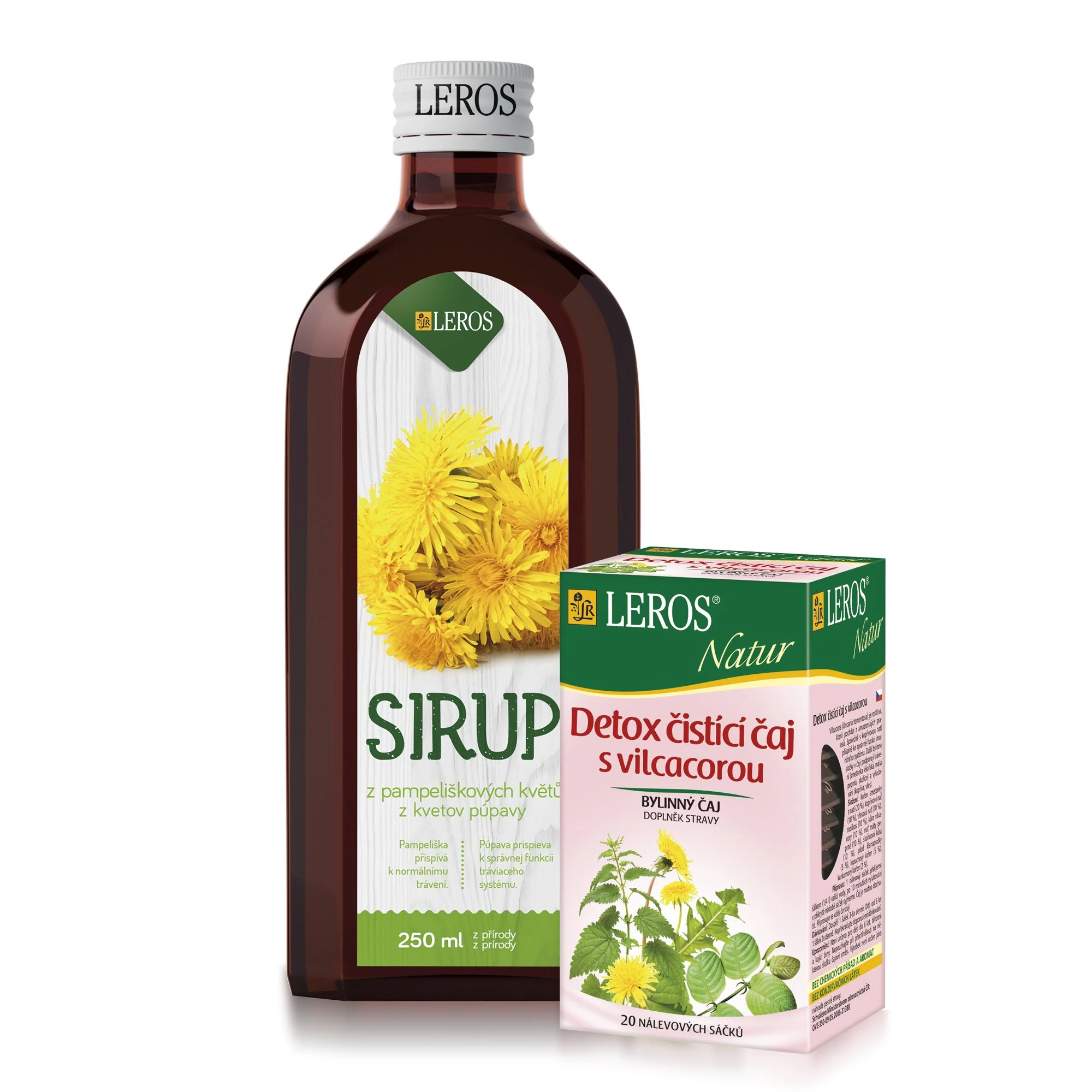 Leros Sirup z pampeliškových květů 250 ml + čaj Detox 20 x 1,5 g
