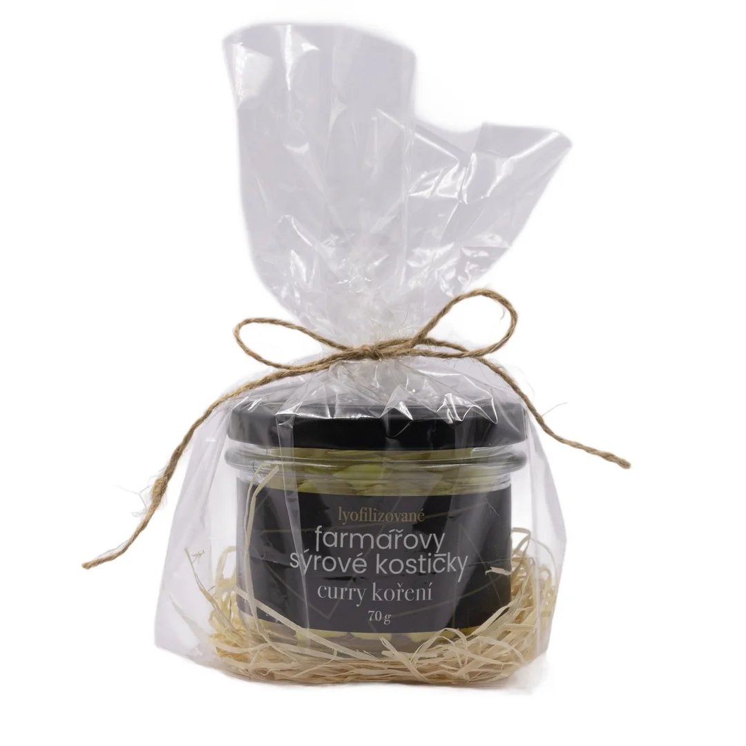 Lyopotraviny Farmářovy sýrové kostičky - curry koření, 70 g, Dárkové balení