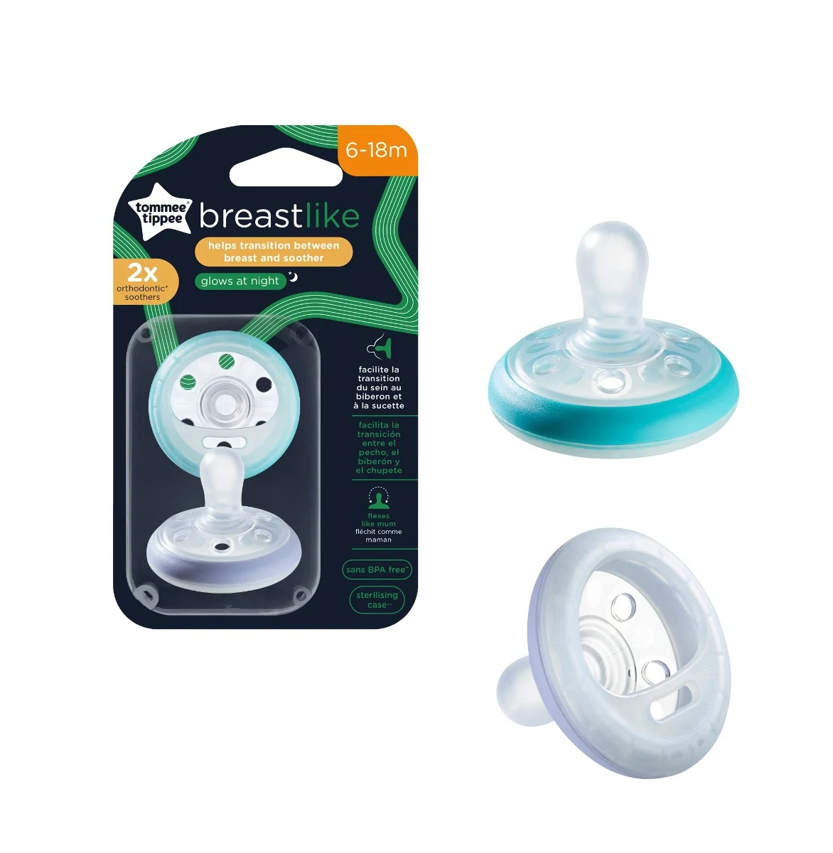 Tommee Tippee Dudlík Breast-like Night modrá 6-18m 2 ks