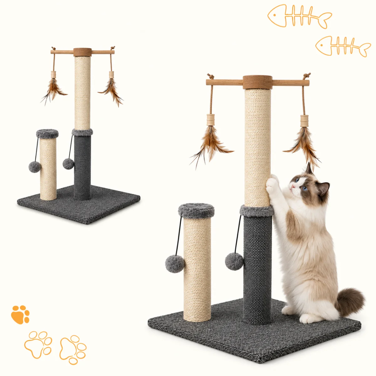 NELLYS Škrabadlo pro kočky Cat Tree 73 cm – plyš, sisal, míčky, peříčka, béžovo-šedá