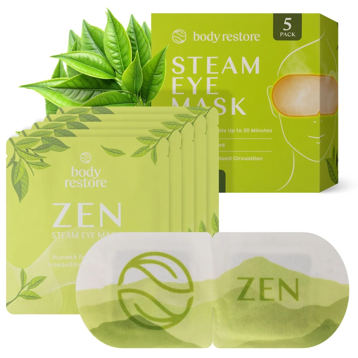 Body Restore Samozahřívací relaxační maska na oční okolí zelený čaj 5 ks