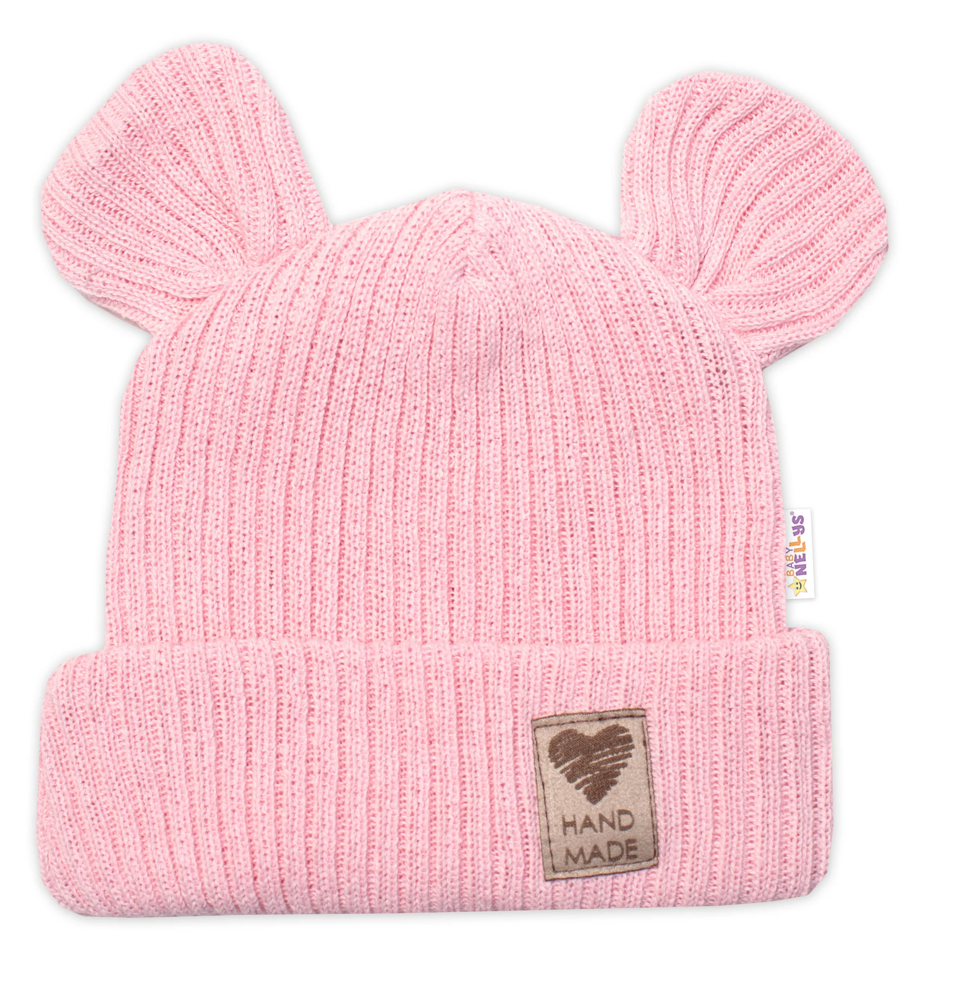 Baby Nellys Pletená bavlněná čepice s oušky, dvouvrstvá, Hand Made růžová