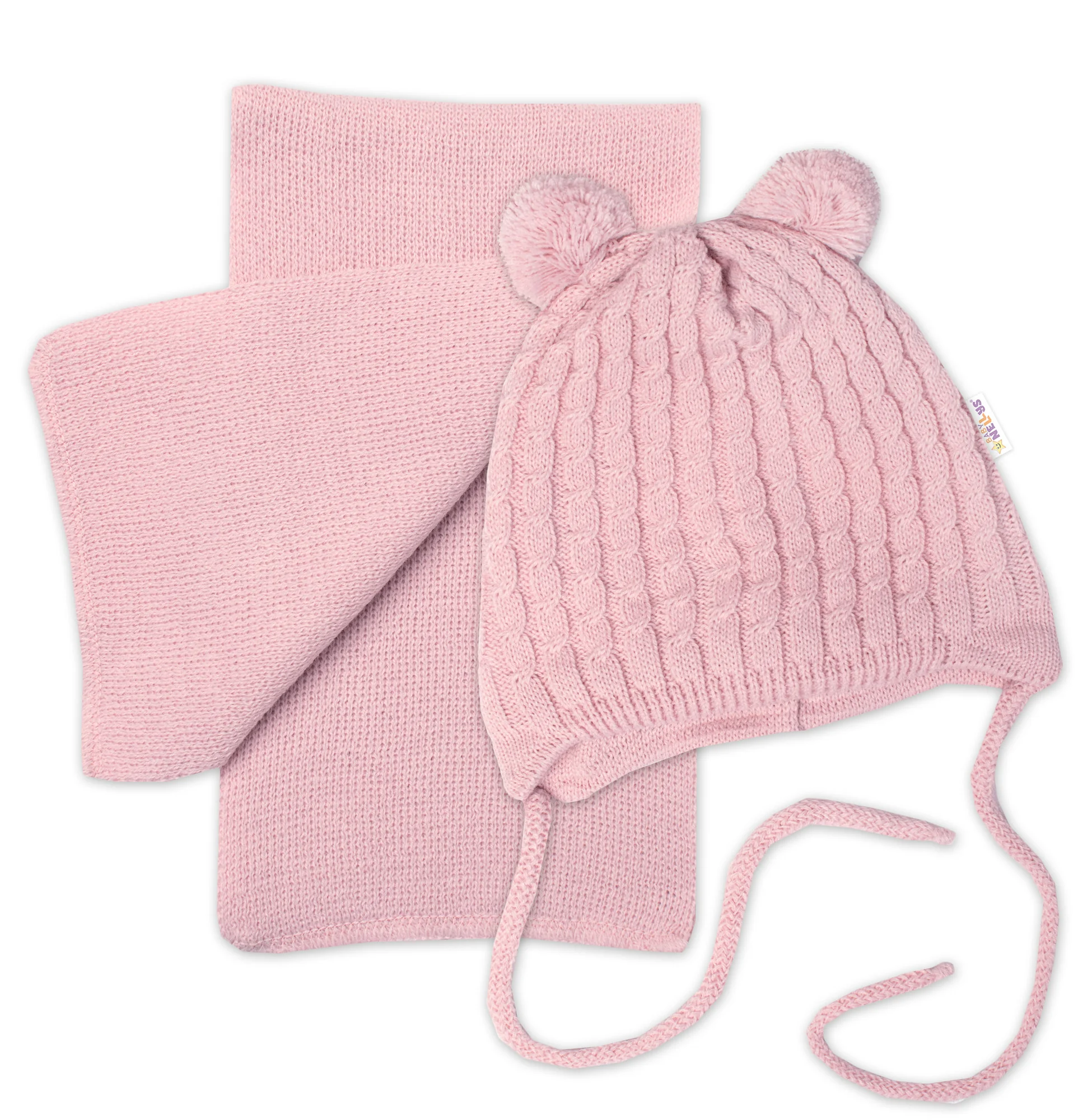 Baby Nellys Zimní čepice na zavazování s bambulky + šál, pudrově růžová vel. 74/80