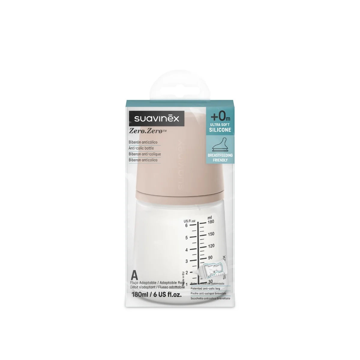 Suavinex Zero Zero Antikoliková láhev Medium průtok A 0m+ 180 ml 1 ks