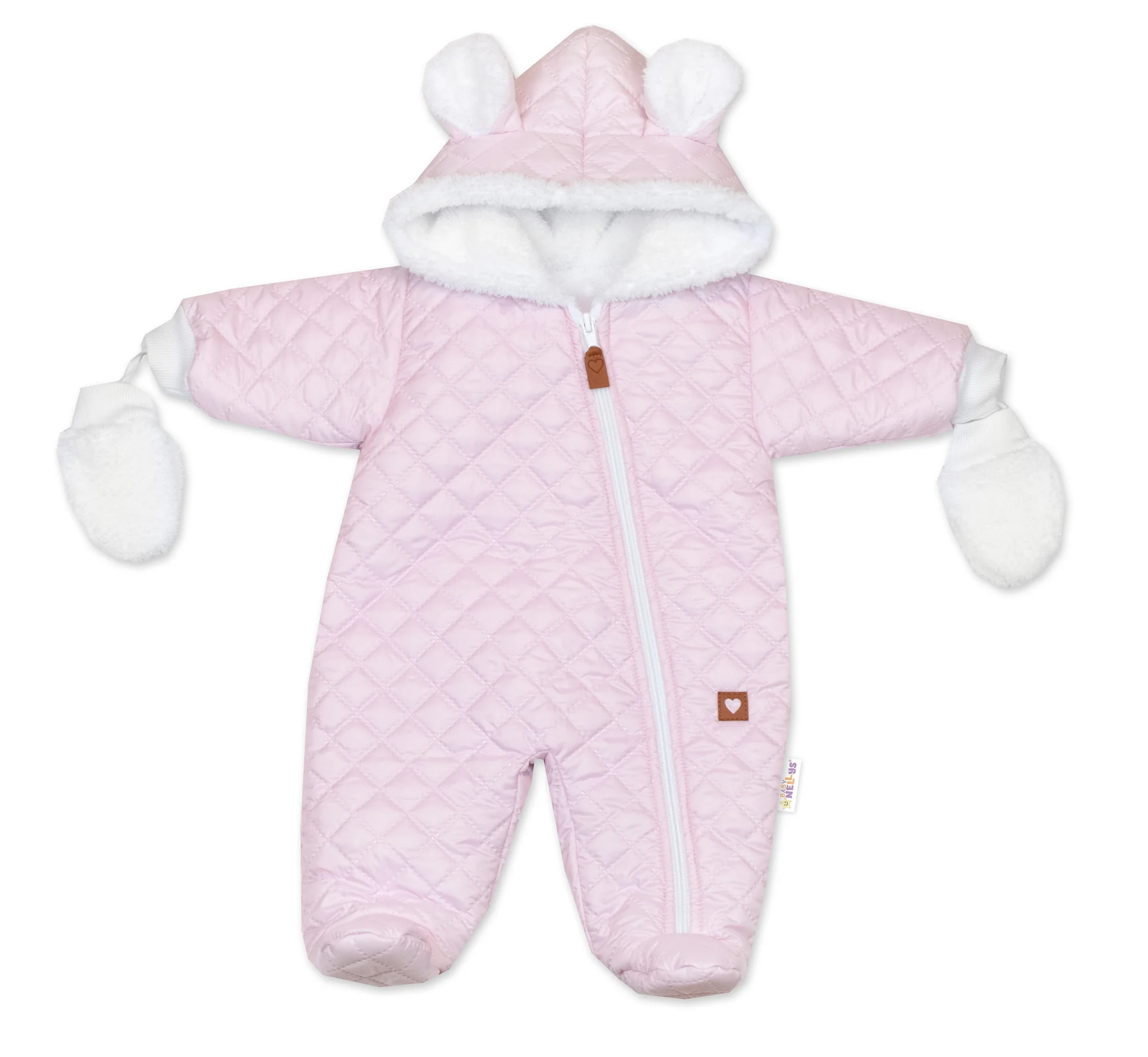 Baby Nellys Zimní prošívaná kombinéza s chlupáčkovou podšívkou + rukavičky, Love, růžová vel. 74