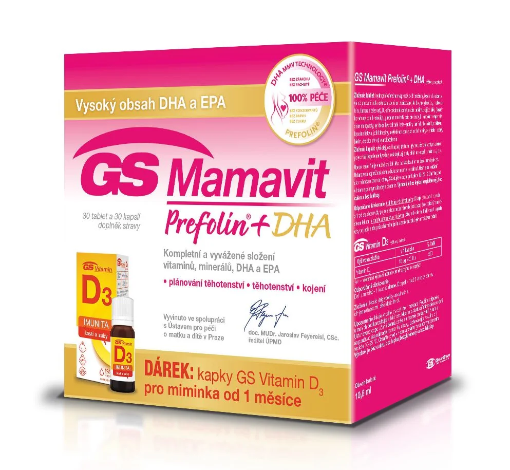 GS Mamavit Prefolin + DHA 30 tablet + 30 kapslí + dárek kapky GS Vitamin D3 10,8 ml