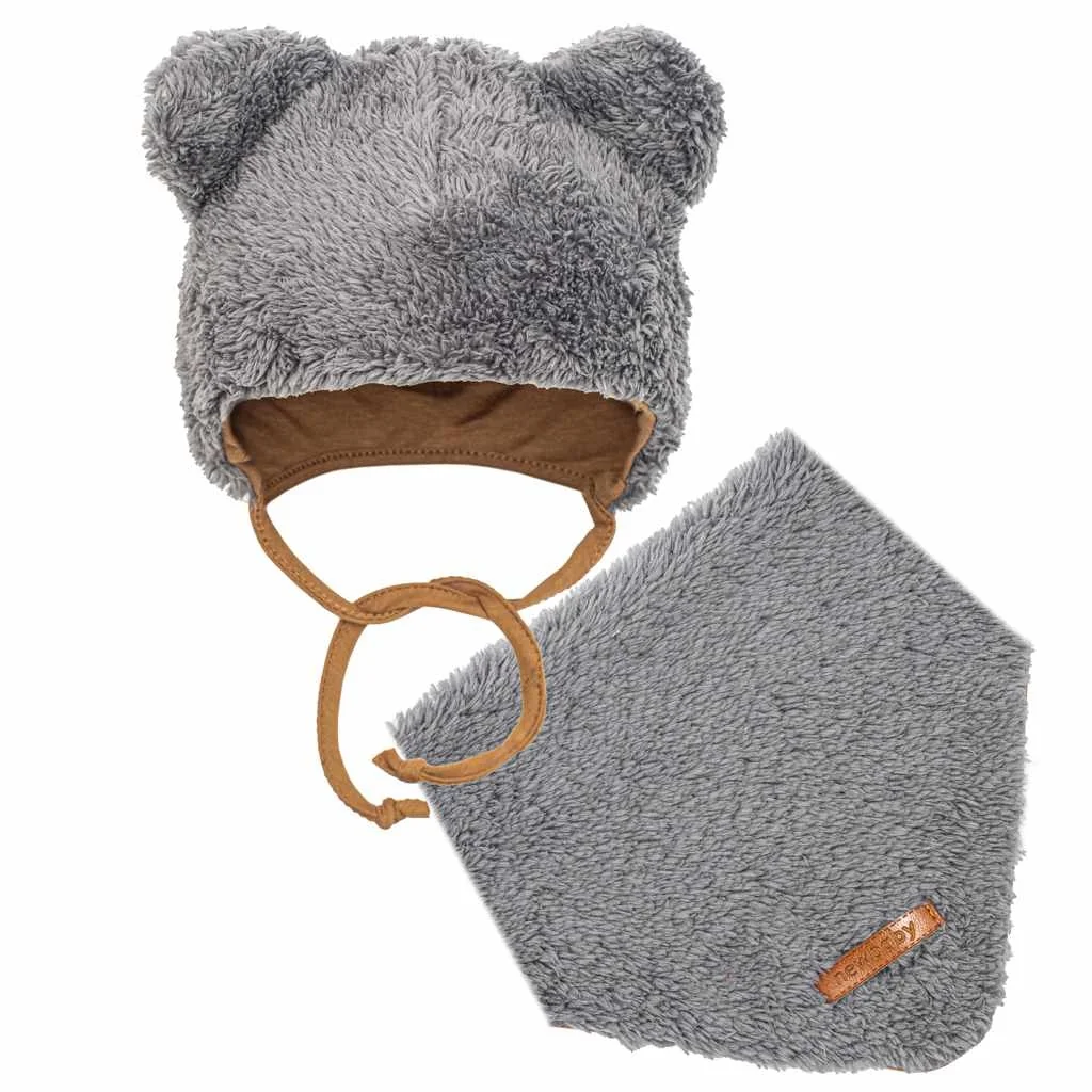 New Baby Zimní kojenecká čepička s šátkem na krk Teddy bear šedá, vel. 80 (9-12m)