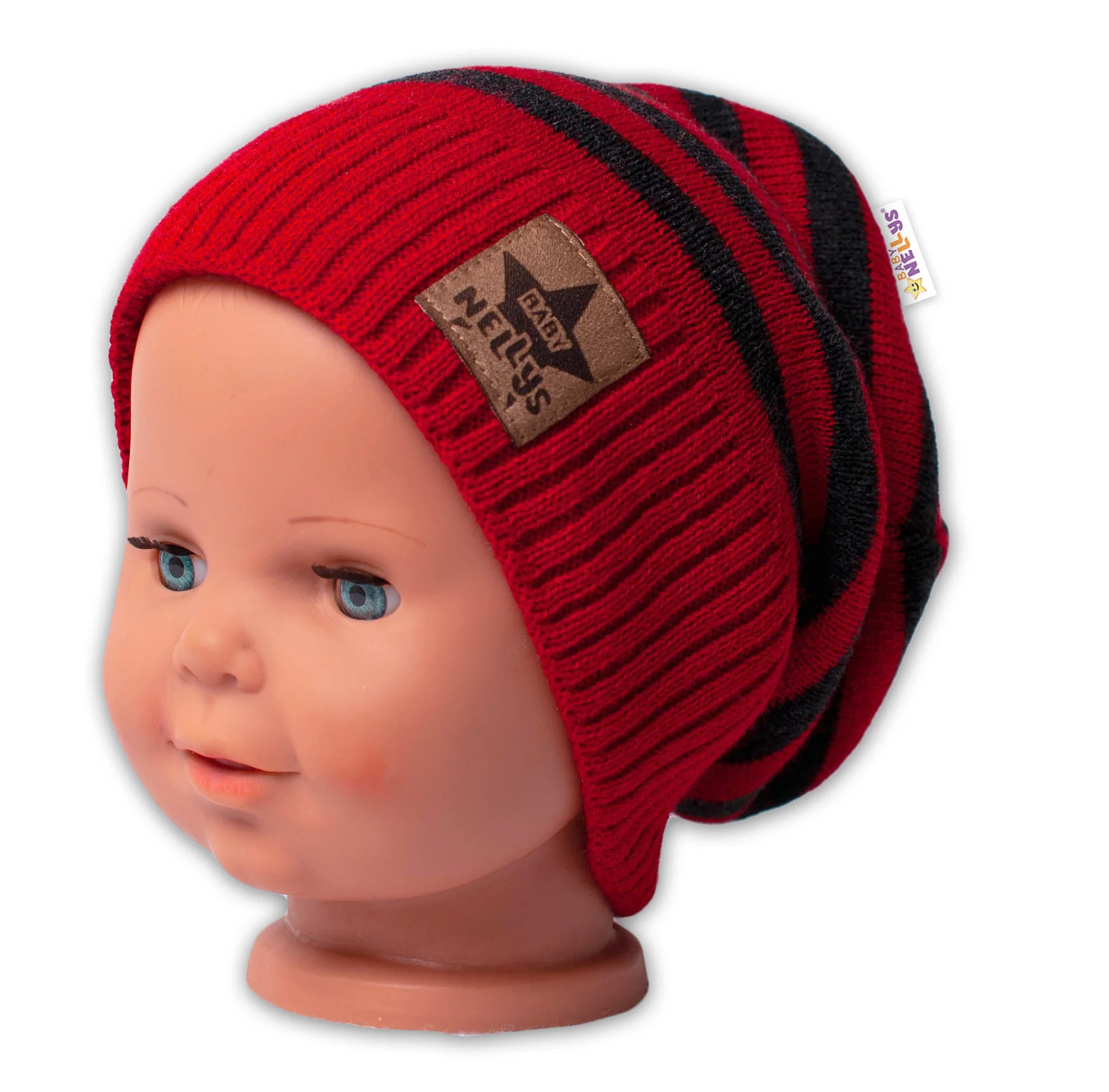 Baby Nellys Podzimní/zimní proužkovaná čepice, červená/grafit