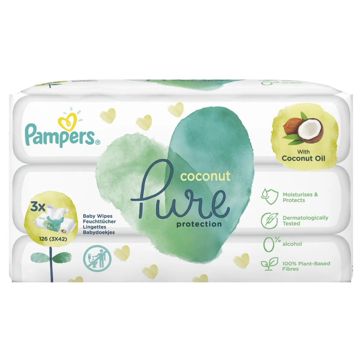 Pampers Pure Protection Coconut dětské čisticí ubrousky 3x42 ks