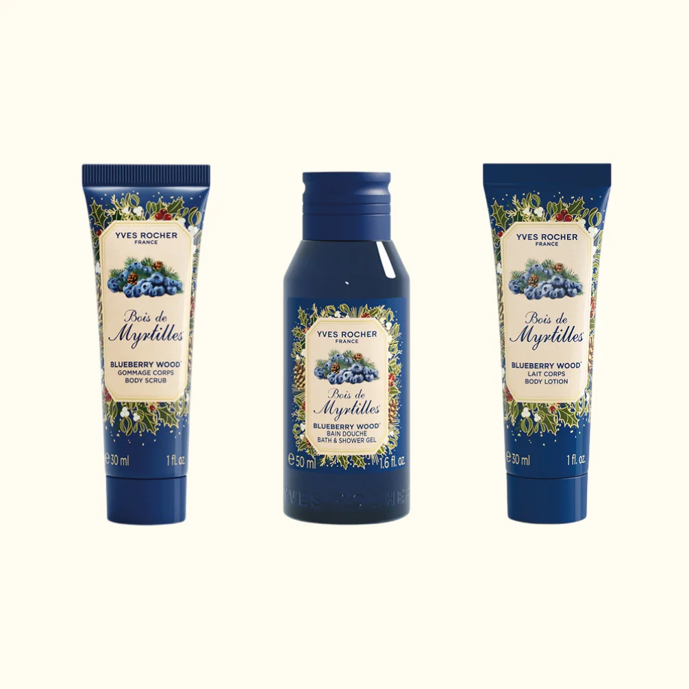Yves Rocher Noël Sprchový gel, peeling a tělové mléko Borůvkový les 3 ks
