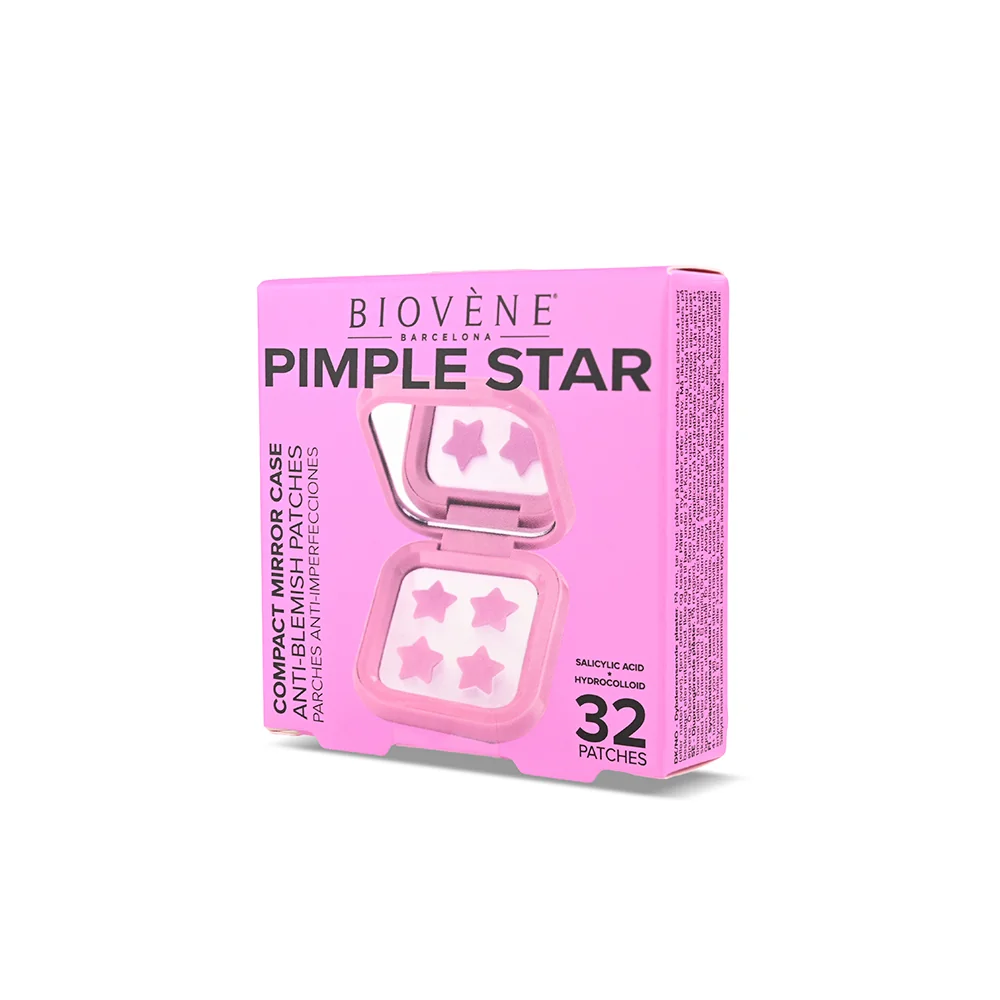 BIOVÉNE Pimple Patches hvězdičkové náplasti v pouzdře se zrcátkem 32 ks růžové
