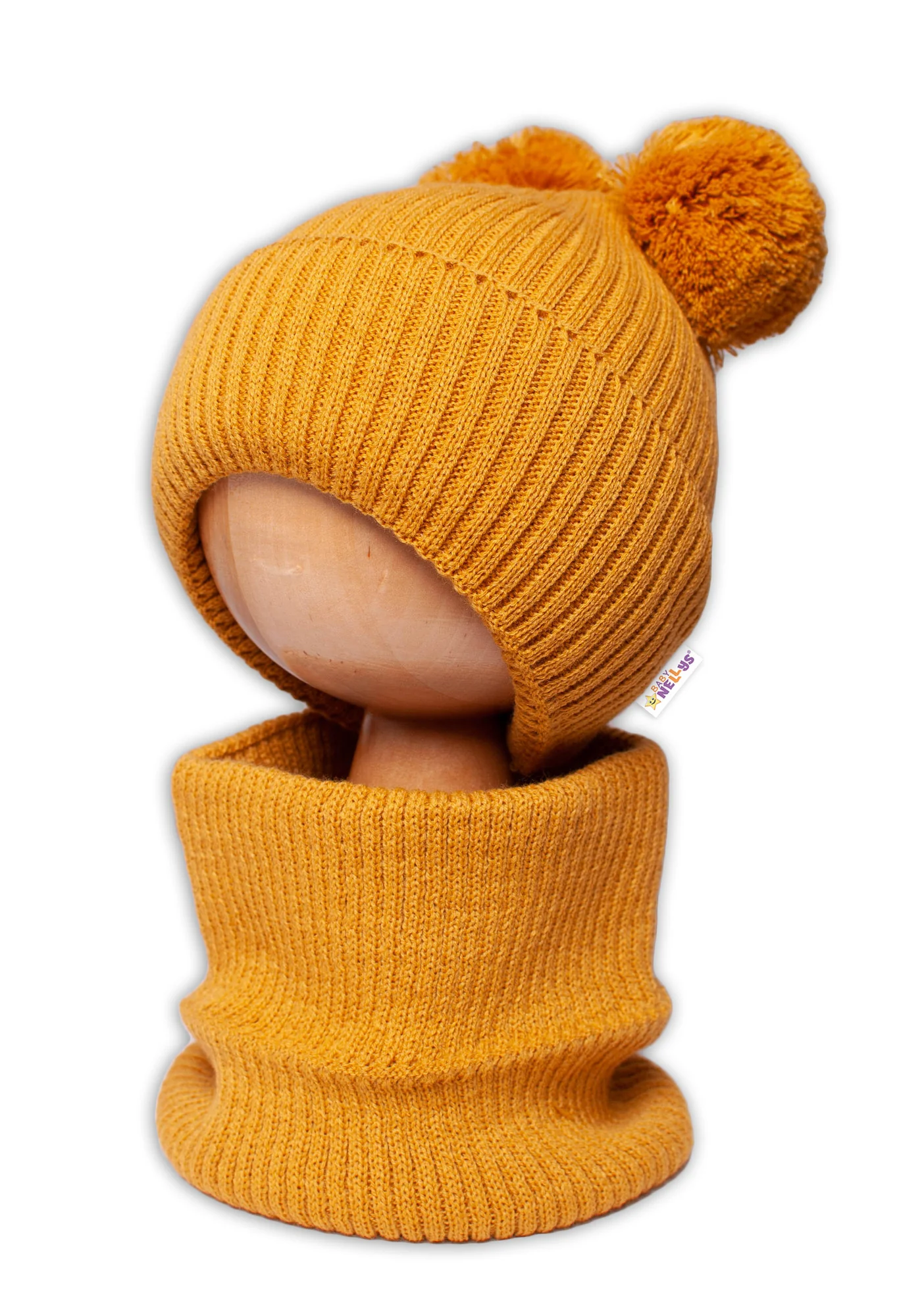 Baby Nellys Zimní pletená čepice + nákrčník, hořčicová