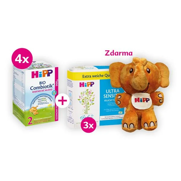 Hipp 2 BIO Combiotik 4x900 g + ubrousky ultra sensitive 3x4x52 ks + plyšový HiPPofant