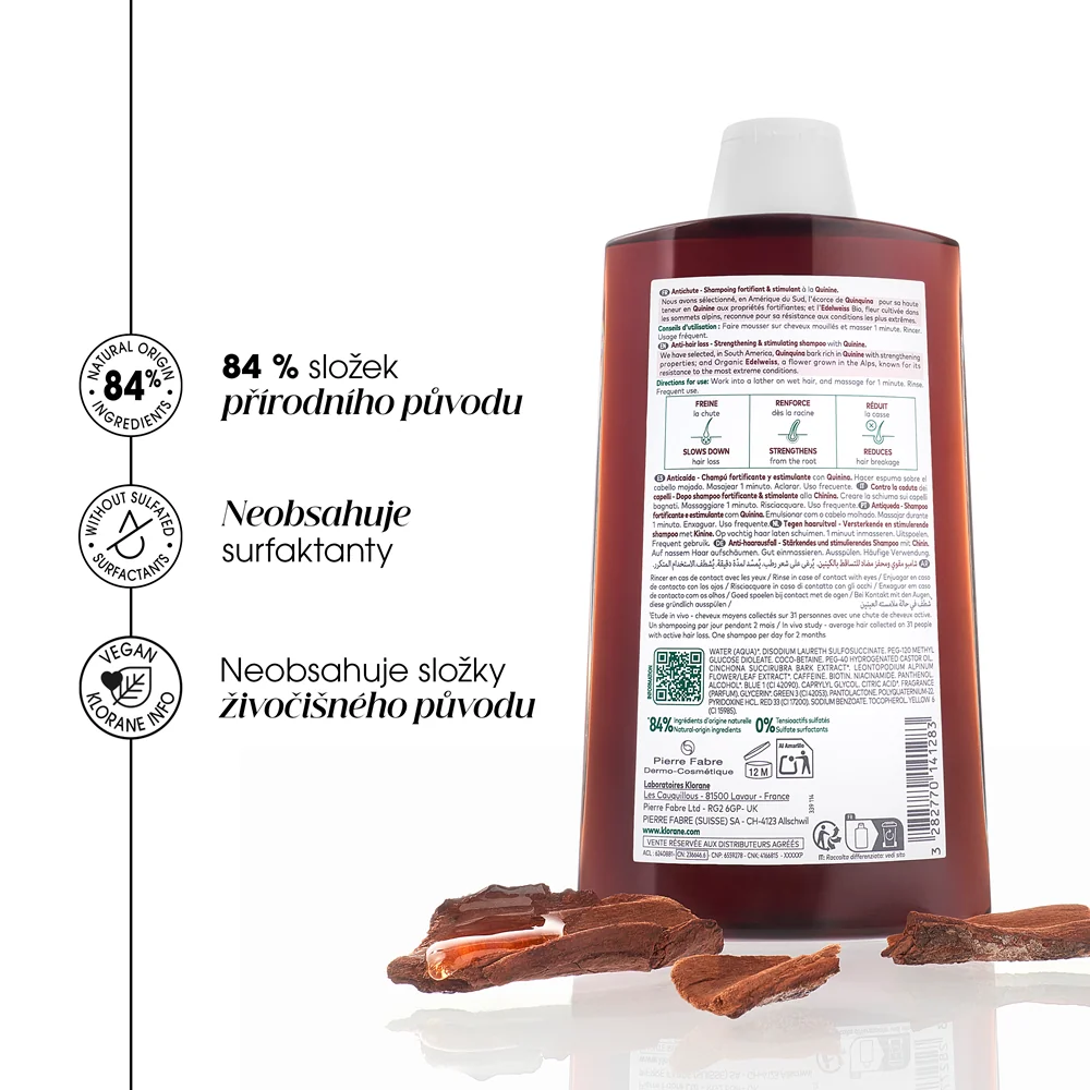 KLORANE Šampon při vypadání vlasů s chininem a BIO protěží alpskou 400 ml