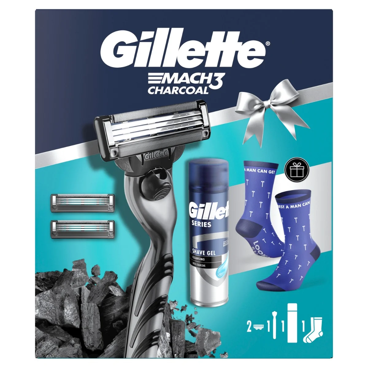 Gillette Xmass sada holicí strojek + 2 hlavice, ponožky a gel na holení 200 ml