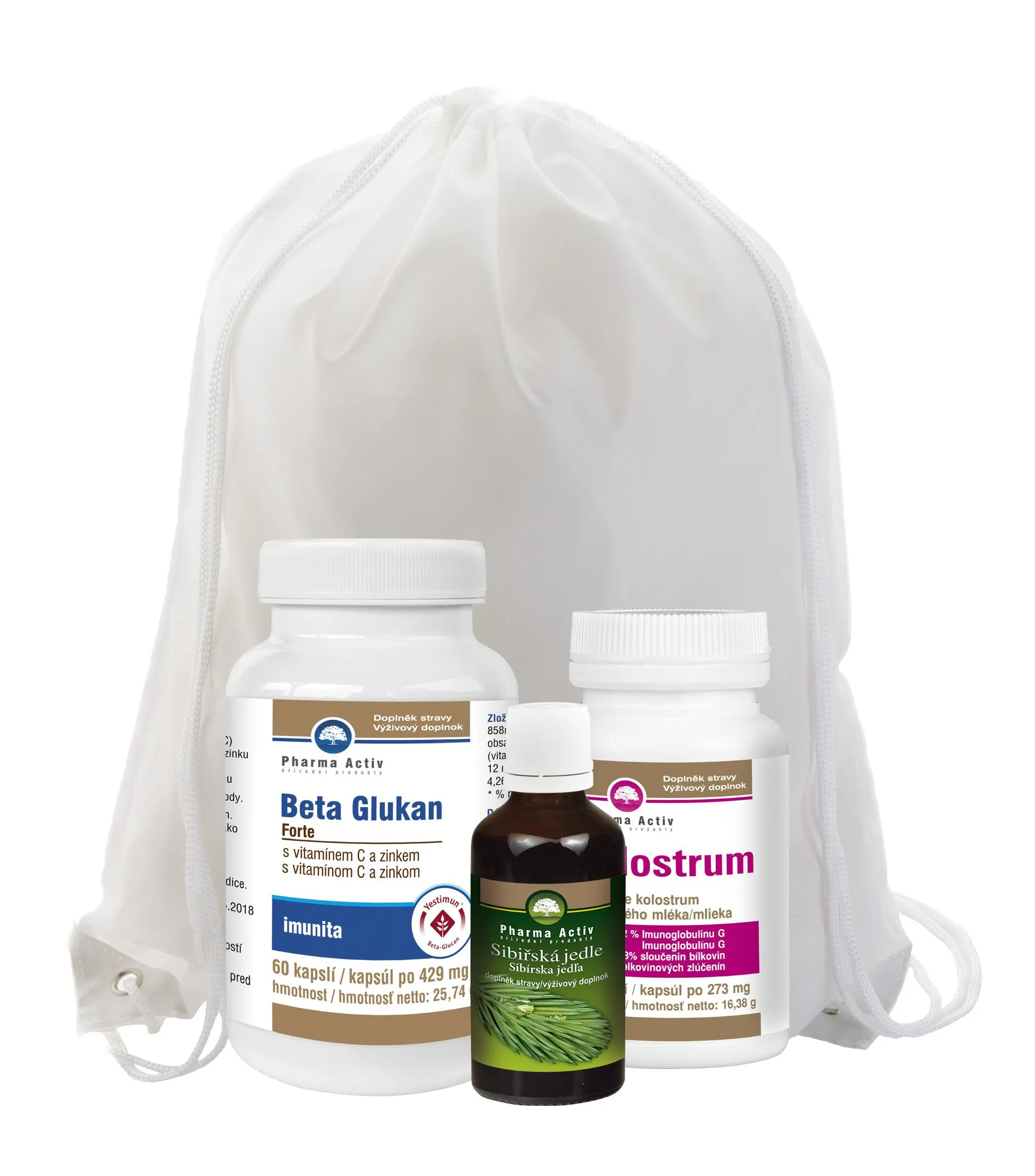 Pharma Activ Beta Glukan Forte 60 kapslí + Colostrum 60 kapslí + Sibiřská jedle 50 ml dárkový set + dárek batoh