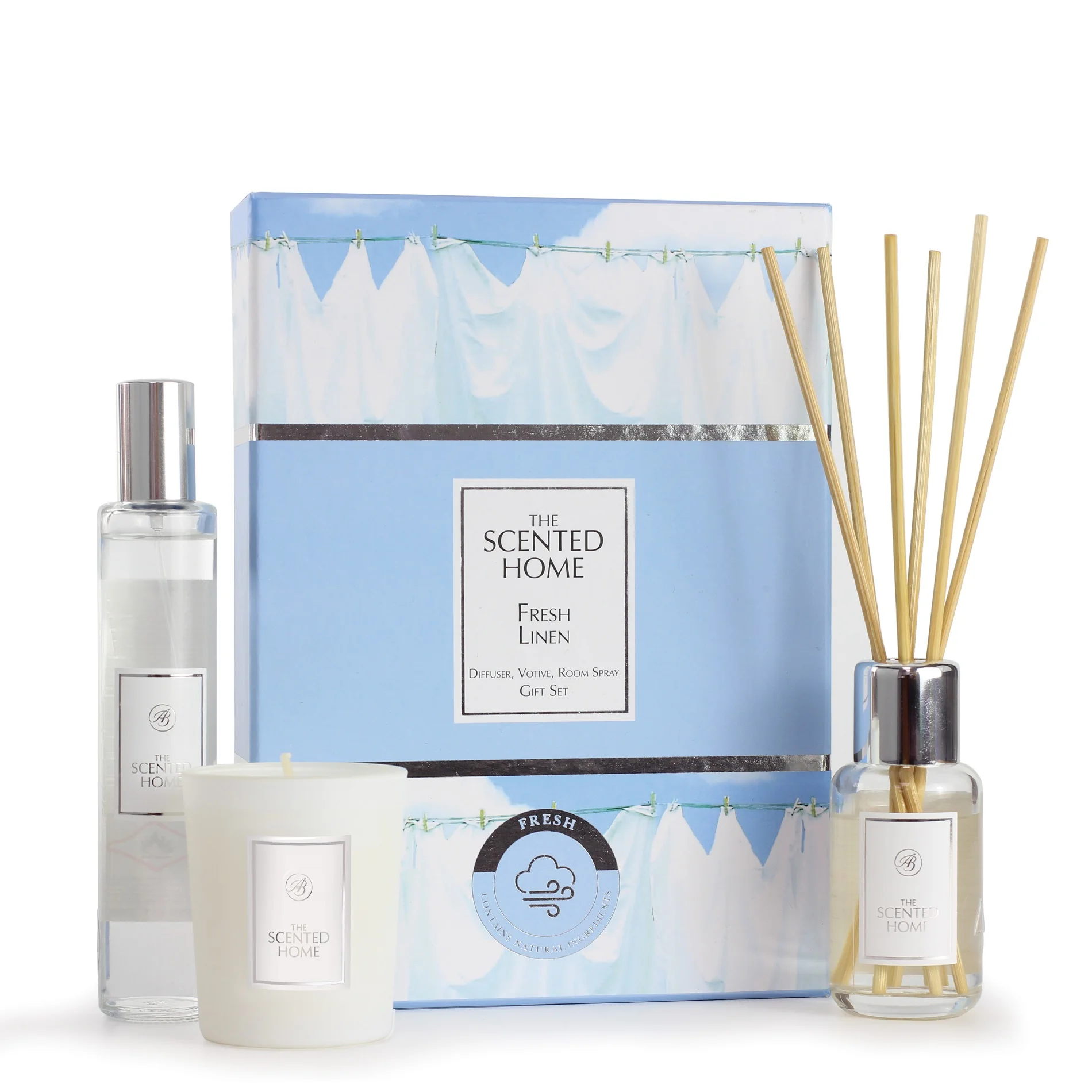 Ashleigh & Burwood London Dárková sada FRESH LINEN Difuzér 50 ml, svíčka 70 g a bytový sprej 50 ml