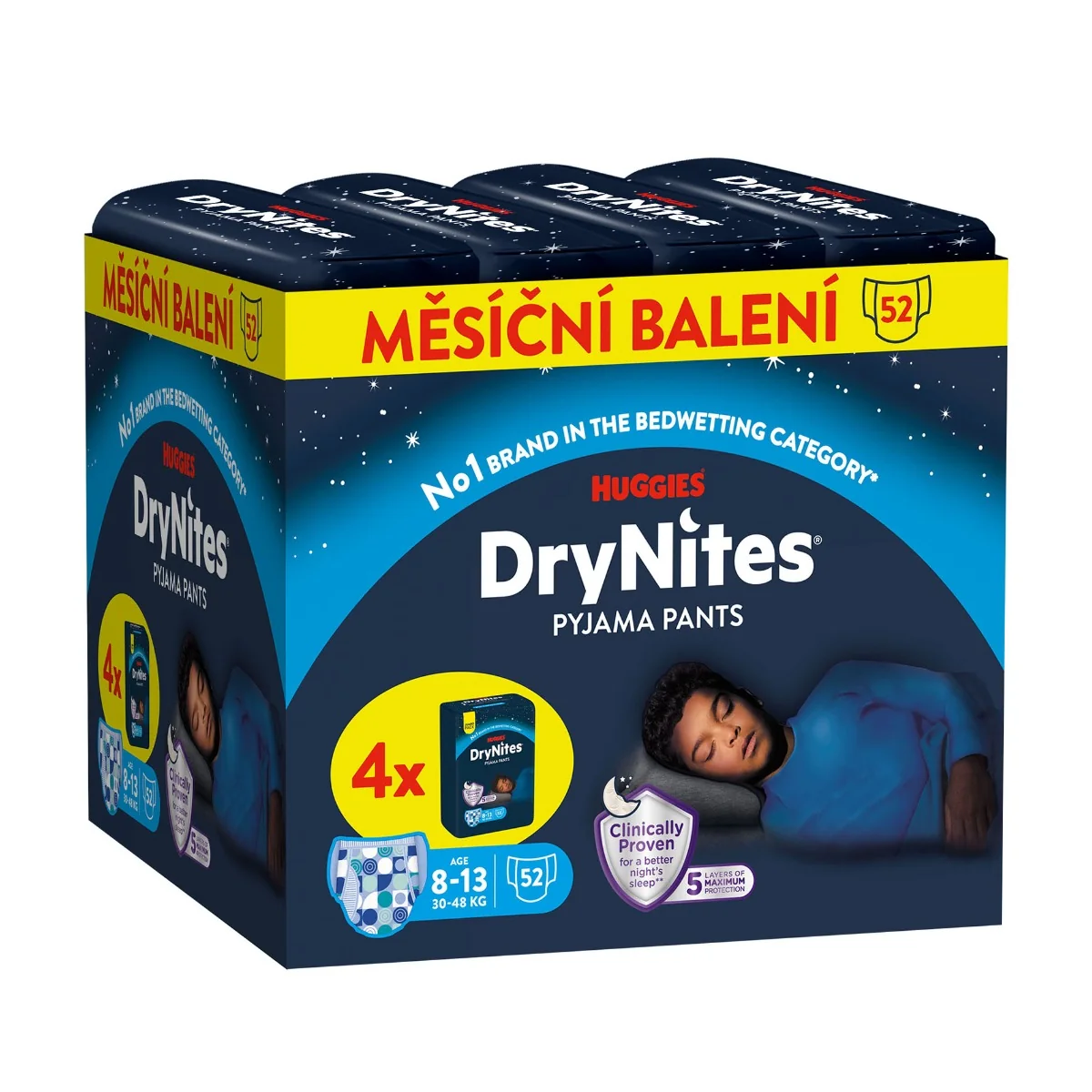 HUGGIES DryNites Natahovací kalhotky pro chlapce 8–13 let 30–48 kg JUMBO 4x13 ks