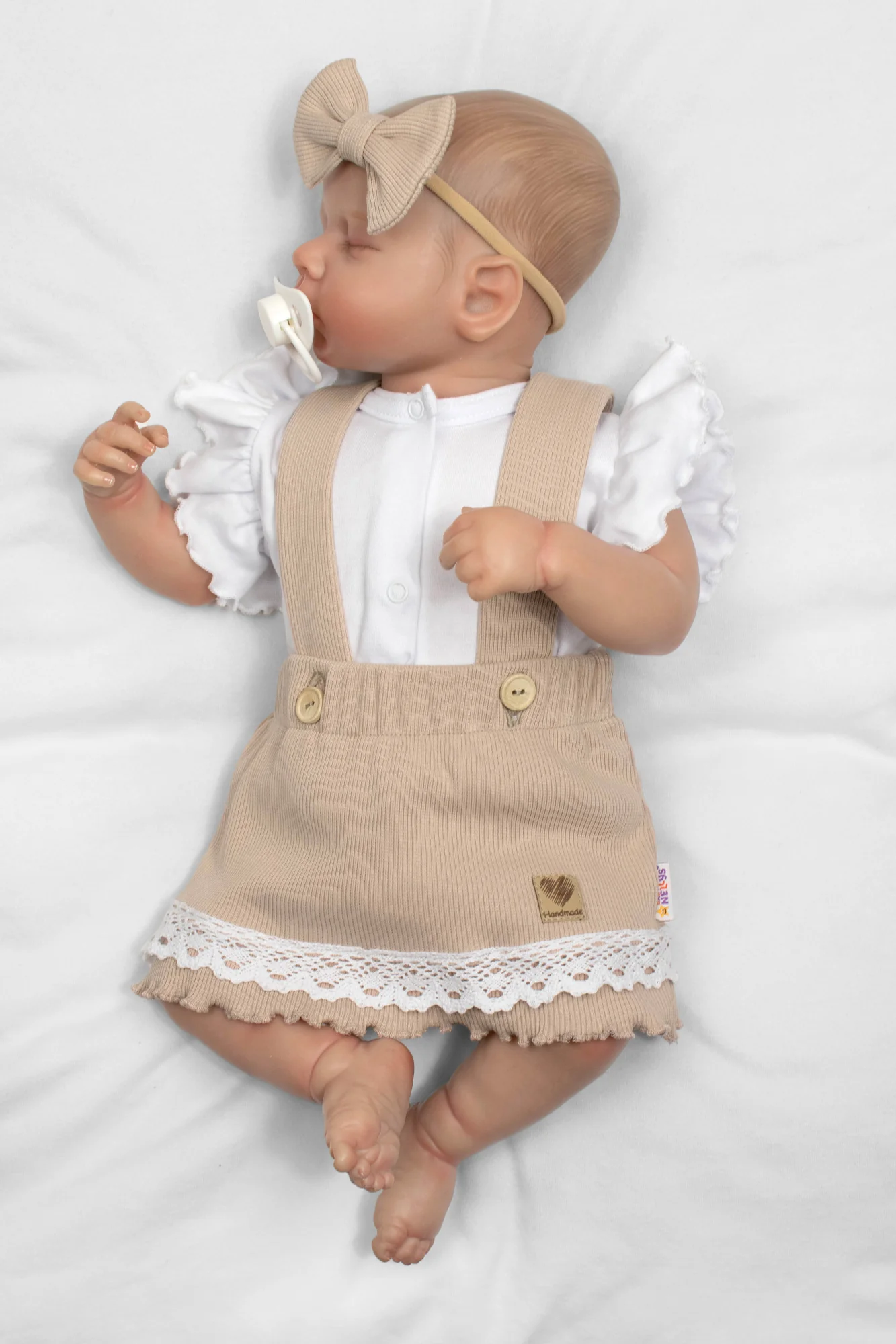 Baby Nellys 3D sada LADY, body kr. rukáv, suknička s láclem, čelenka, béžová/bílá, 74
