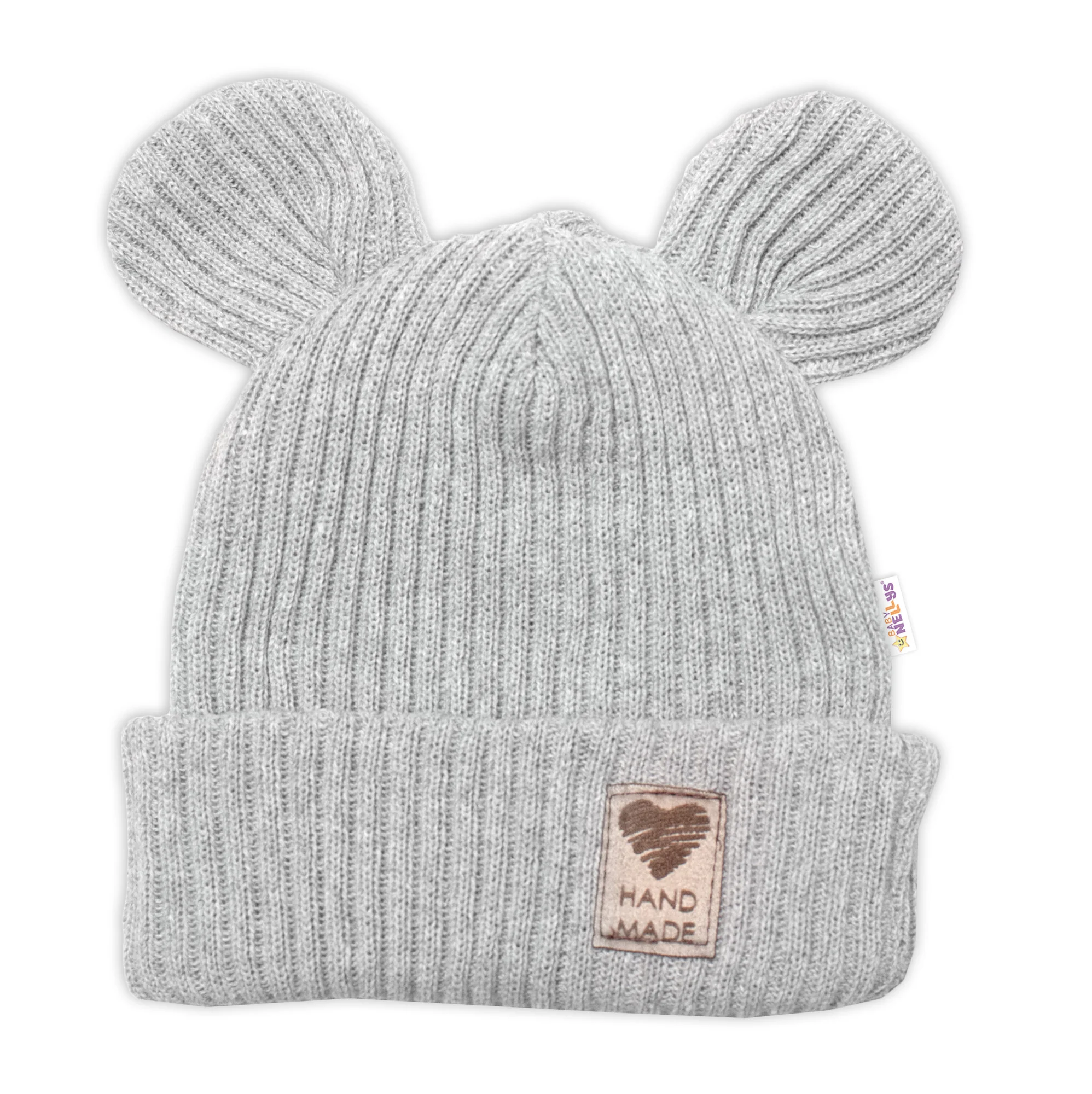Baby Nellys Pletená bavlněná čepice s oušky, dvouvrstvá, Hand Made šedá vel. 68/74