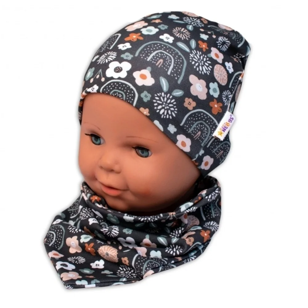 Baby Nellys Dvouvrstvá čepice + šátek Palouček, grafit,104/110
