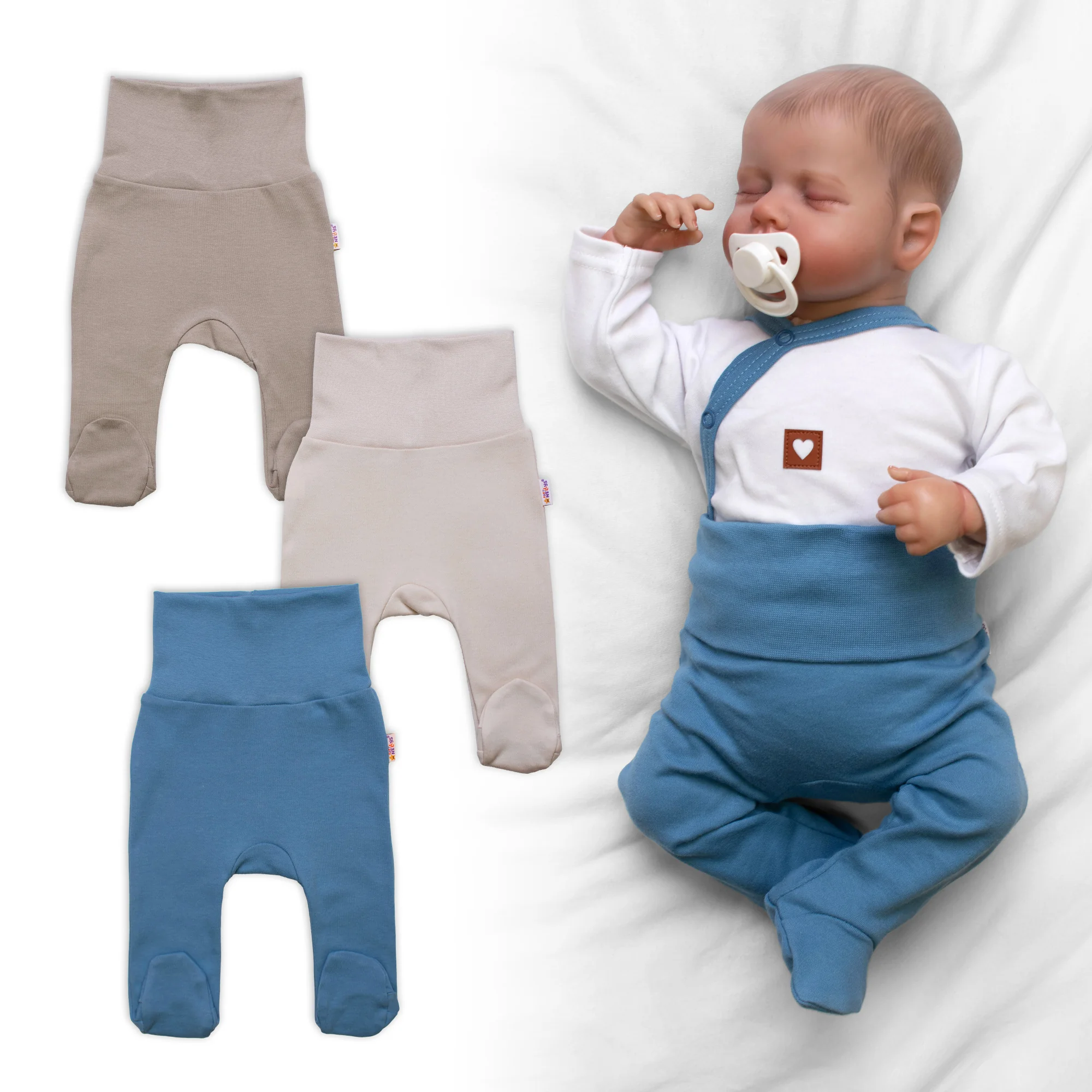Baby Nellys Rostoucí výhodná sada, 3x polodupačky pro miminko Nature - modrá/béžová/taupe Vel. 50/56
