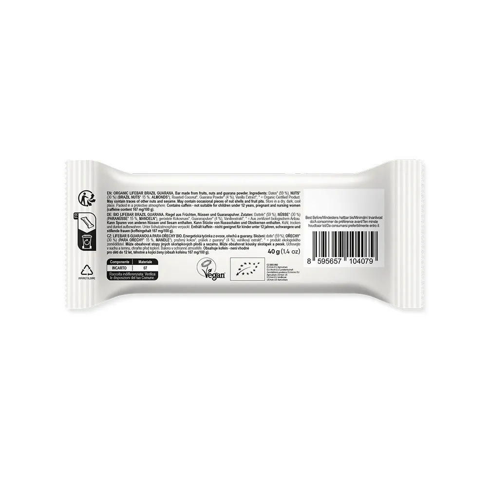 LifeFood Lifebar tyčinka s guaranou a para ořechy BIO 40 g