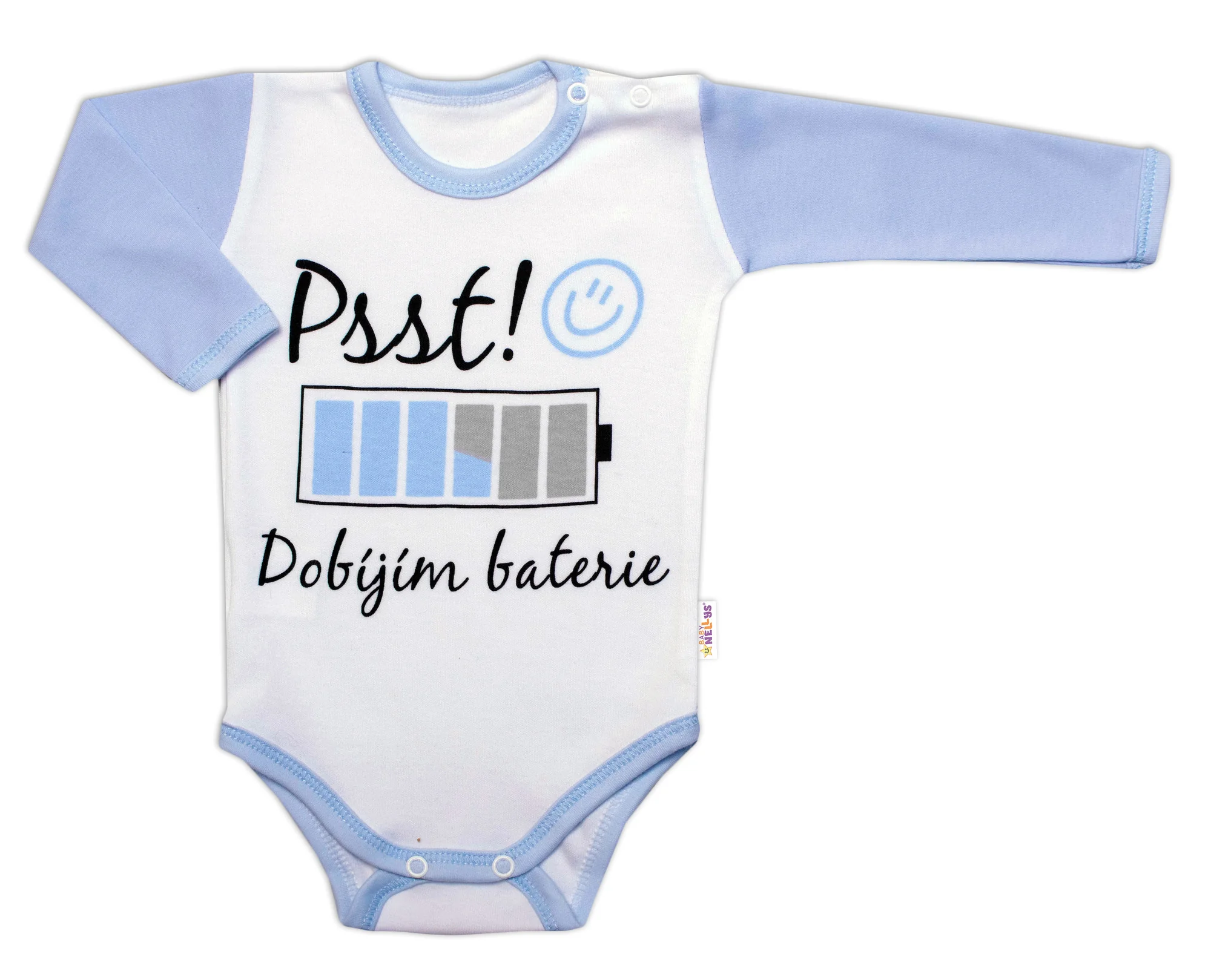 Baby Nellys Body dl. rukáv - Psst! Dobíjím baterie, kluk, vel. 74