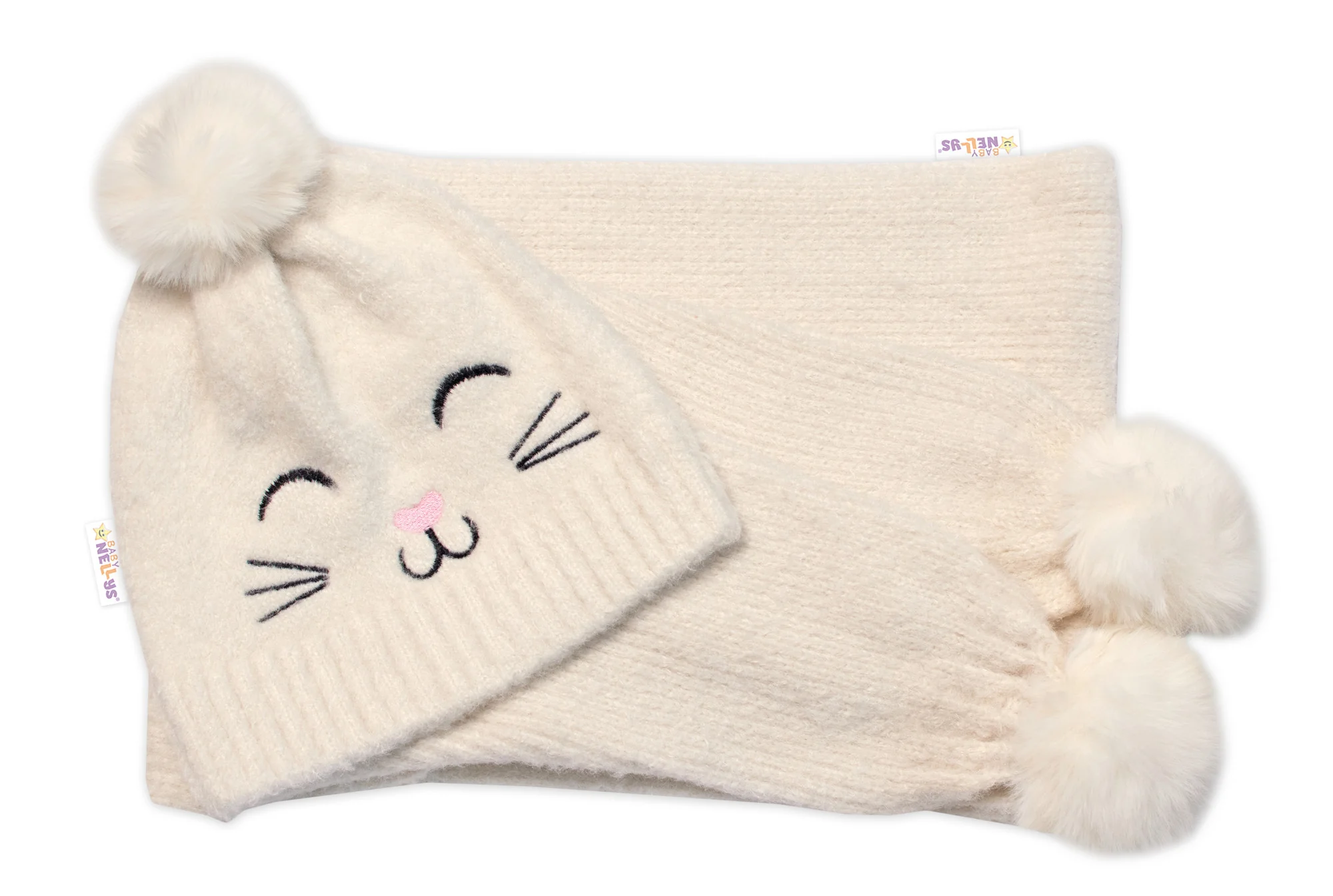 Baby Nellys Zimní čepice s bambulí + šál, Kitty, smetanová vel. 54/58