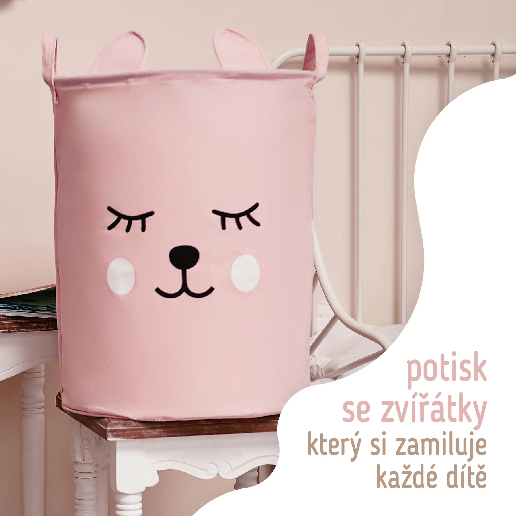 SIPO Koš na hračky se šňůrkou, skládací bavlněný / 43 l, Teddy Bear Pink