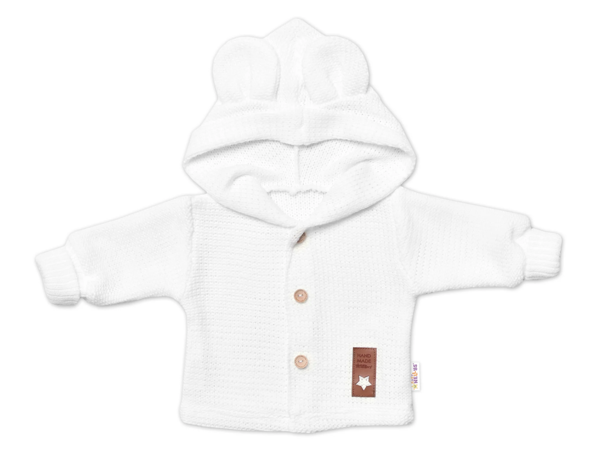 Baby Nellys Pletený svetřík s knoflíčky a kapucí s oušky, bíly,62